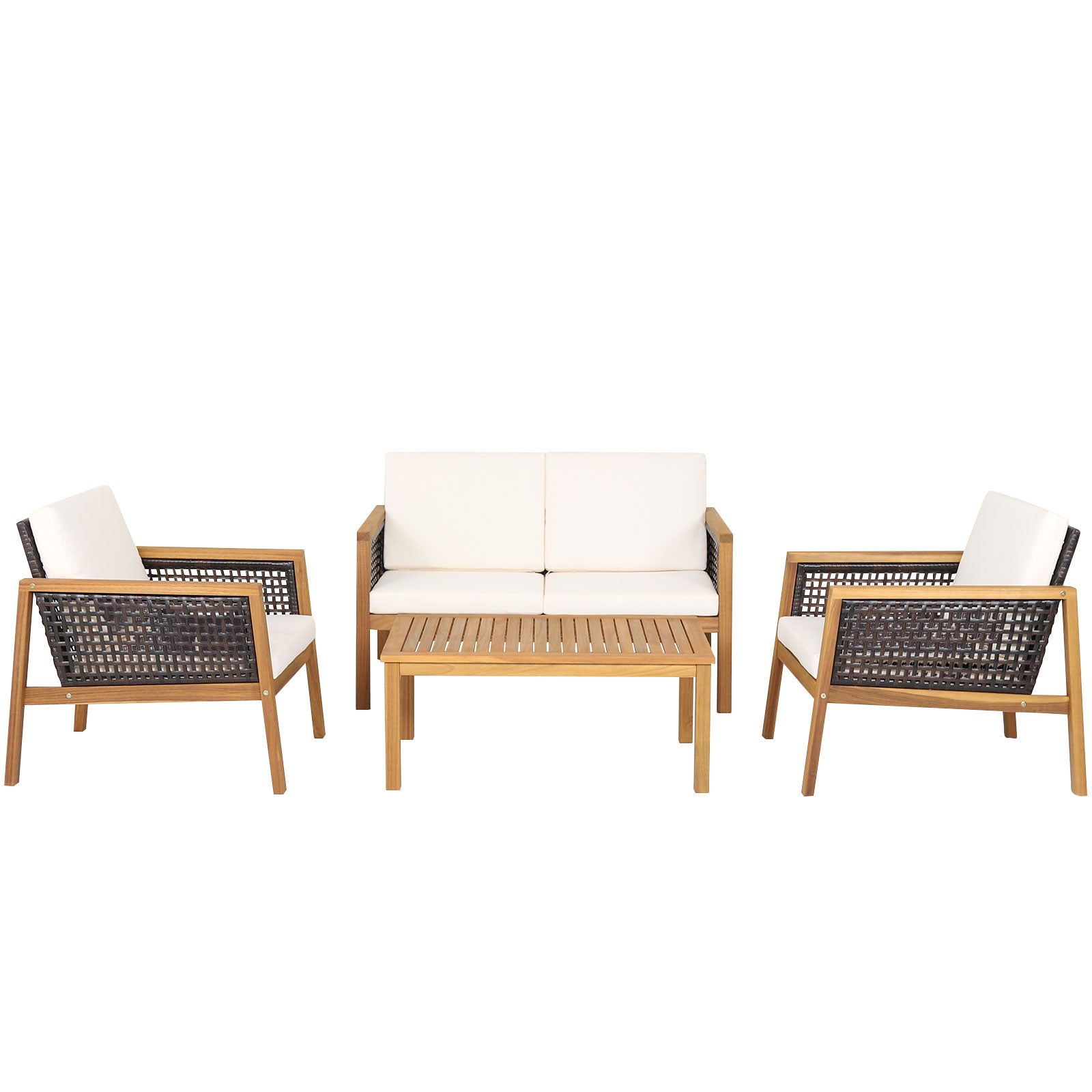 4-Piece Patio Acacia Wood Furniture Set with Removable Cushions-White