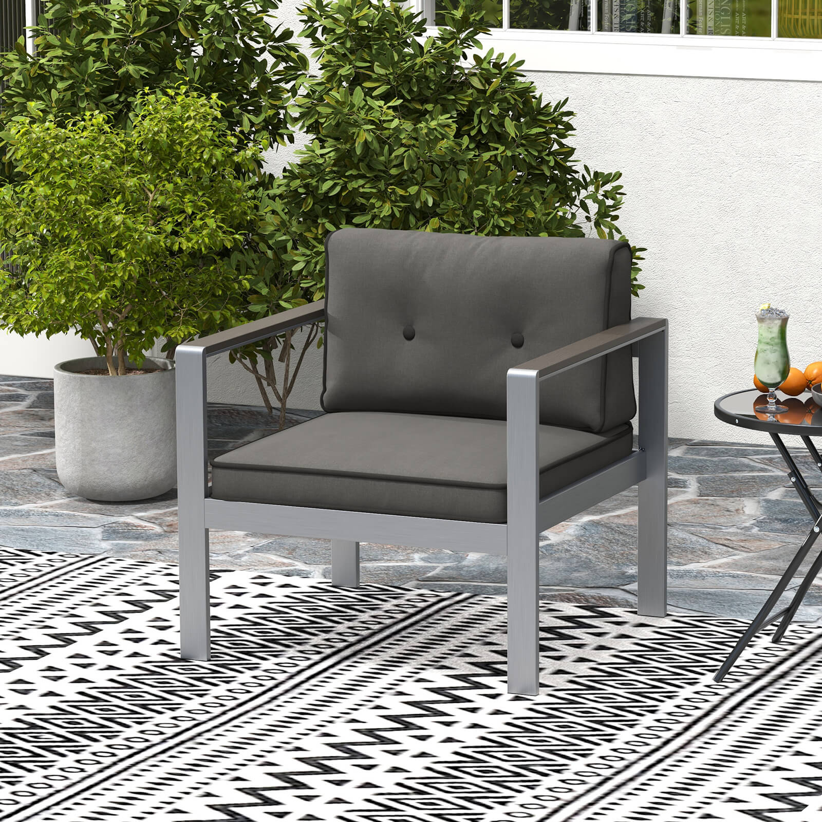Patio Aluminum Armchair with Cushions Outdoor Sofa Chair-Grey