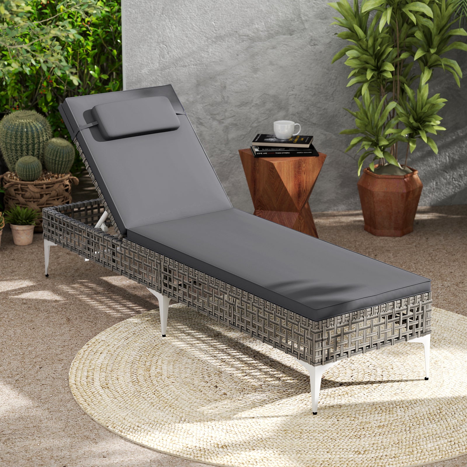 Patio Chaise Lounge PE Wicker Reclining Sun Lounger with 6-Level Adjustable Backrest-Grey-1 Piece
