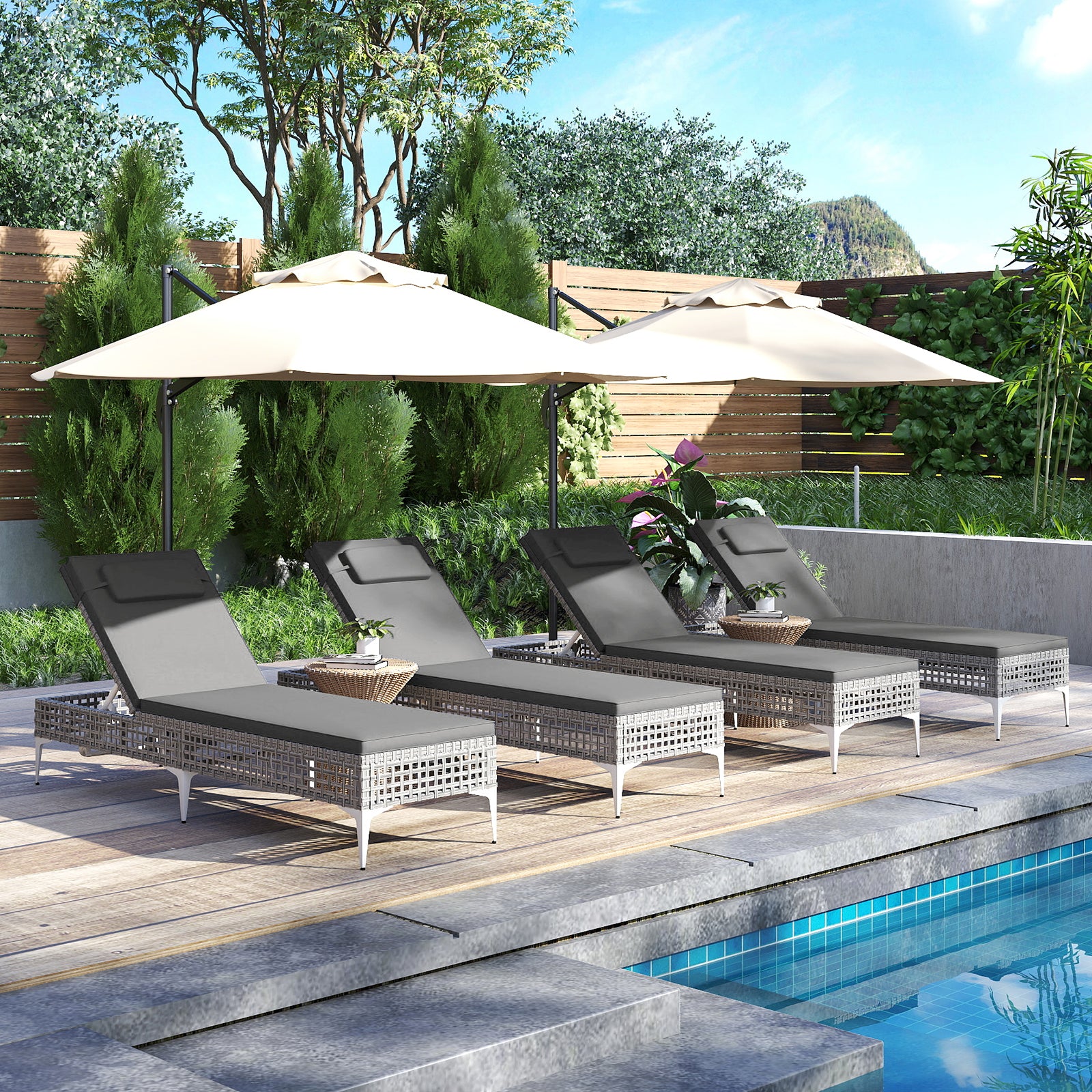 Patio Chaise Lounge PE Wicker Reclining Sun Lounger with 6-Level Adjustable Backrest-Grey-1 Piece