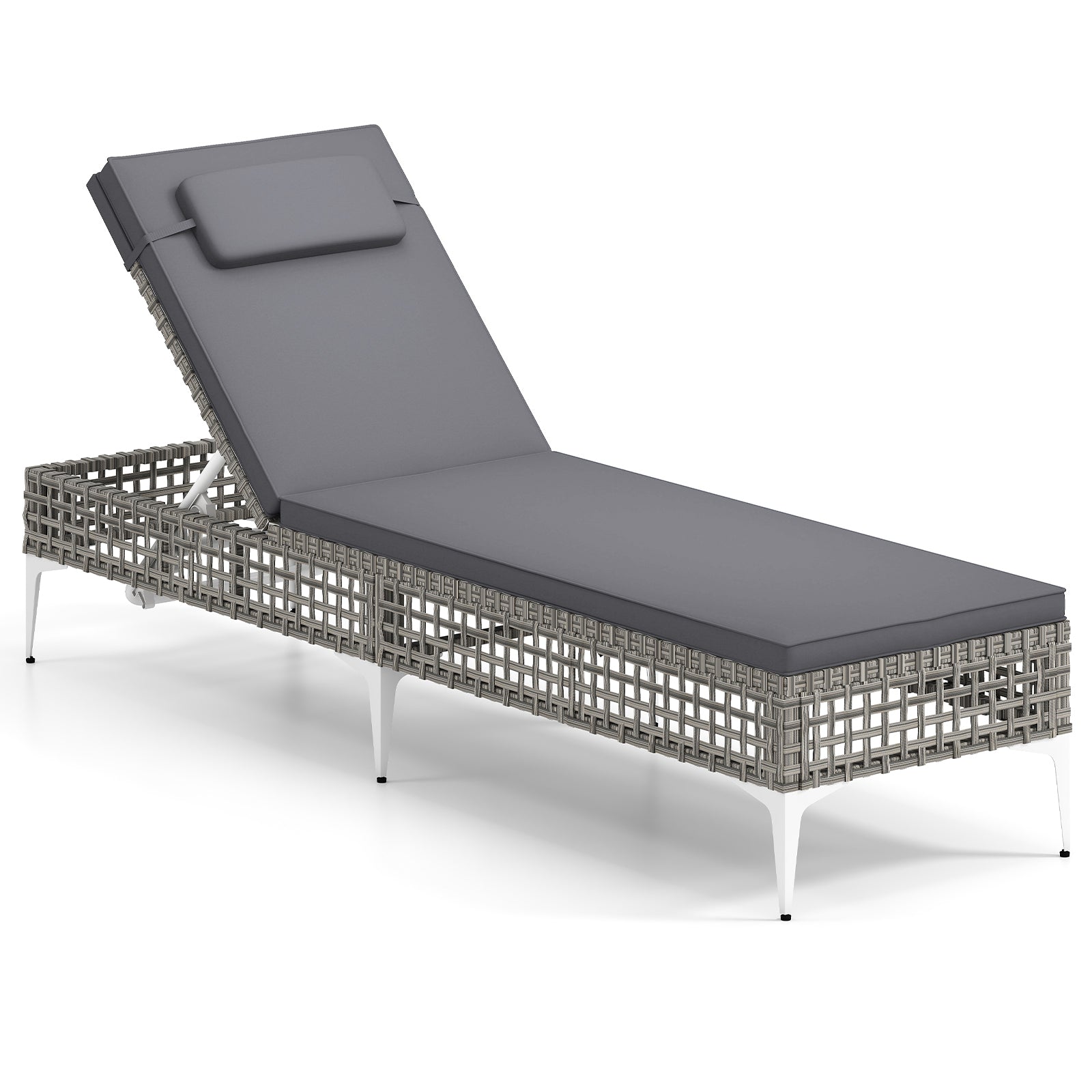 Patio Chaise Lounge PE Wicker Reclining Sun Lounger with 6-Level Adjustable Backrest-Grey-1 Piece