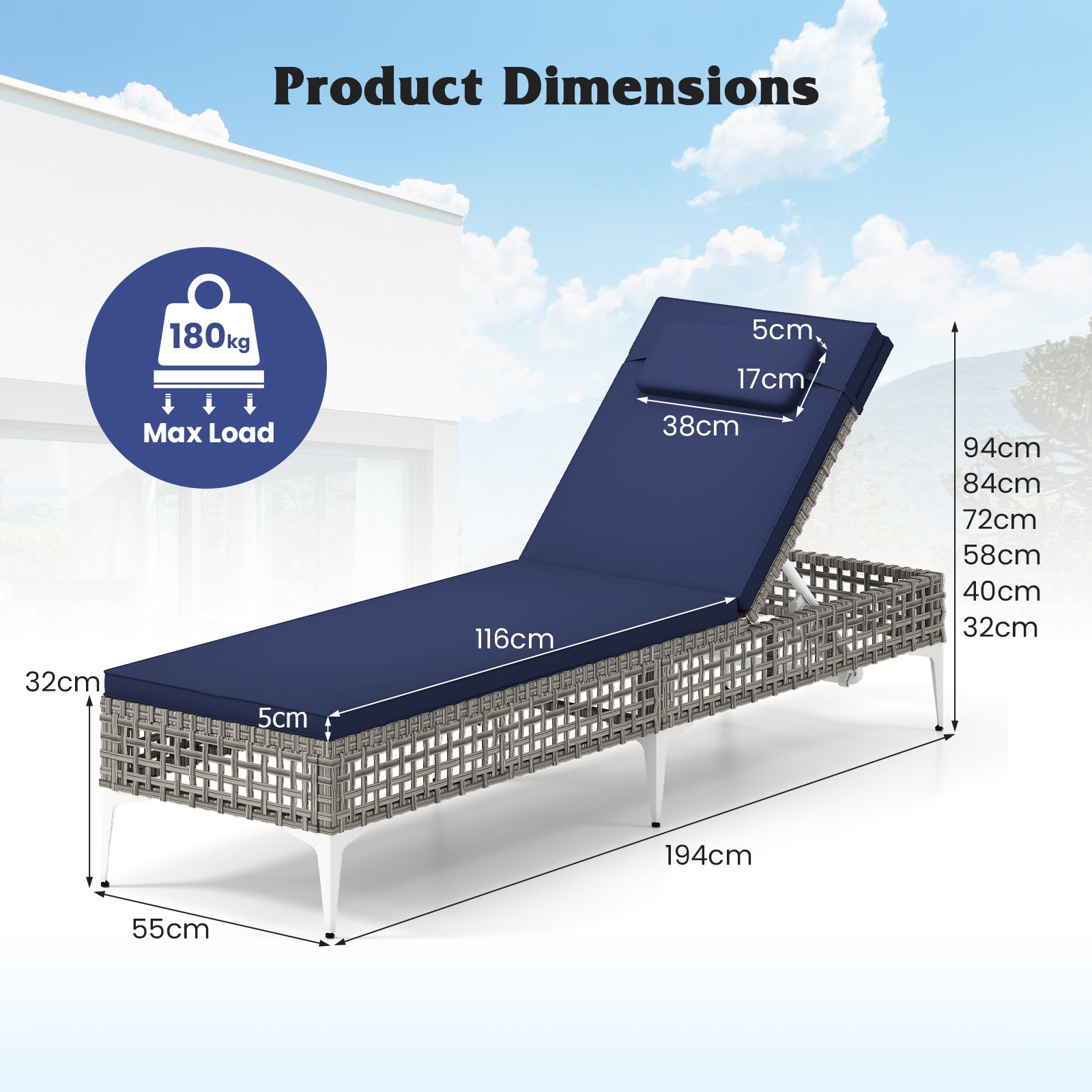 Patio Chaise Lounge PE Wicker Reclining Sun Lounger with 6-Level Adjustable Backrest-Navy-1 Piece