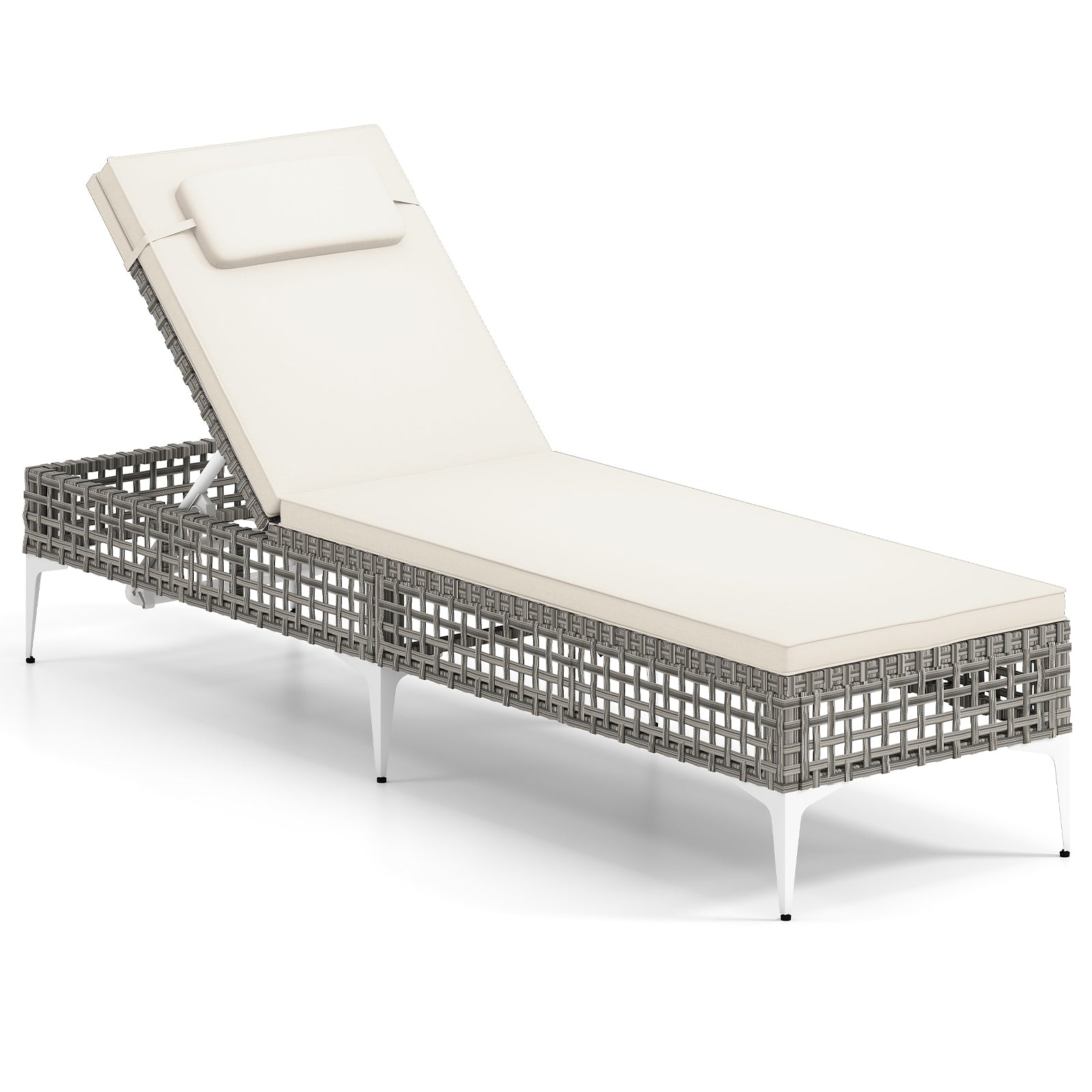 Patio Chaise Lounge PE Wicker Reclining Sun Lounger with 6-Level Adjustable Backrest-White-1 Piece