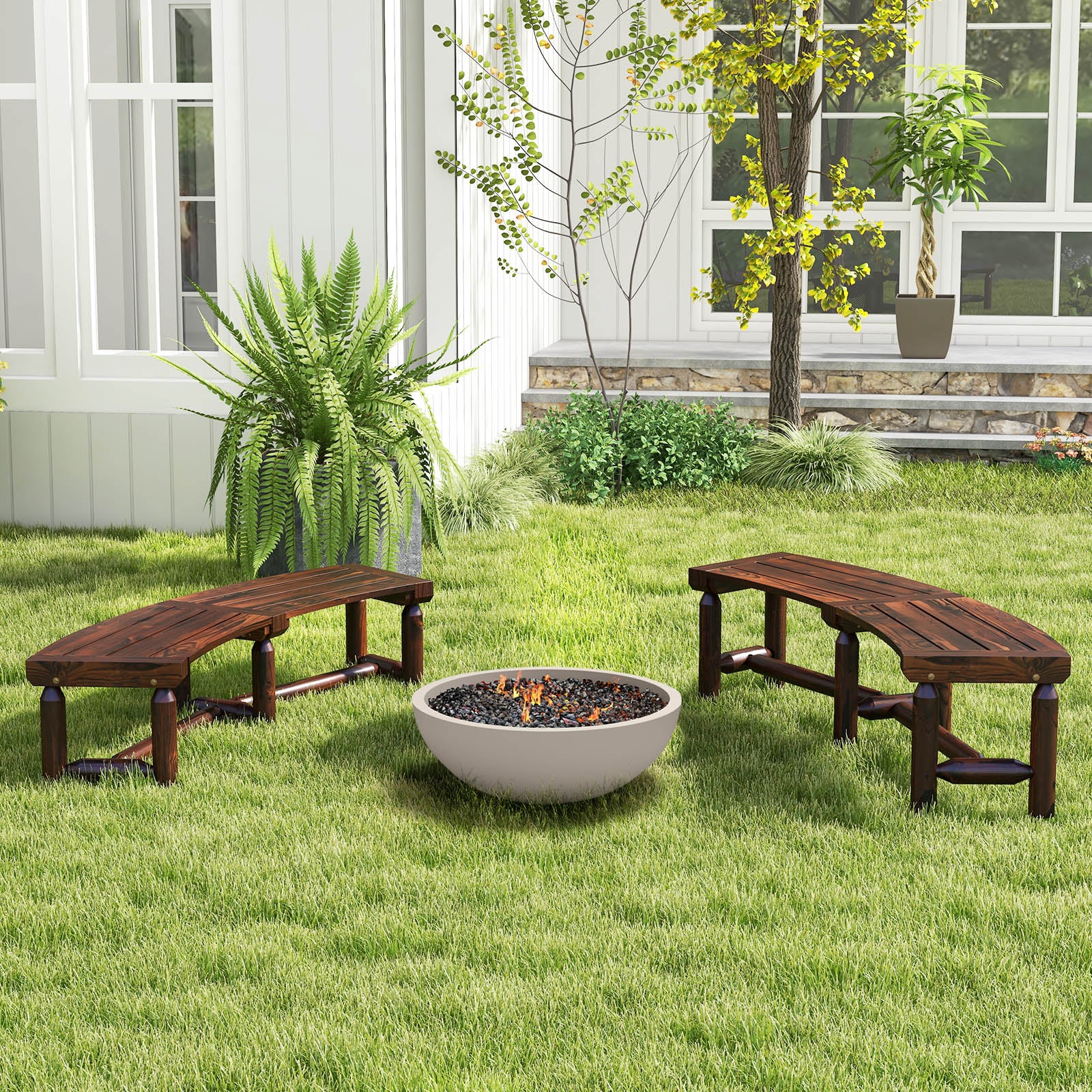Patio Curved Bench Carbonized Wood Dining Bench for Round Table