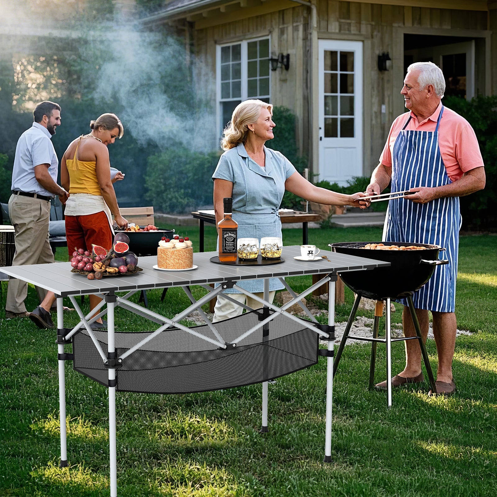 Patio Folding Camping Table Picnic Table with Aluminum Roll-up Tabletop-Silver