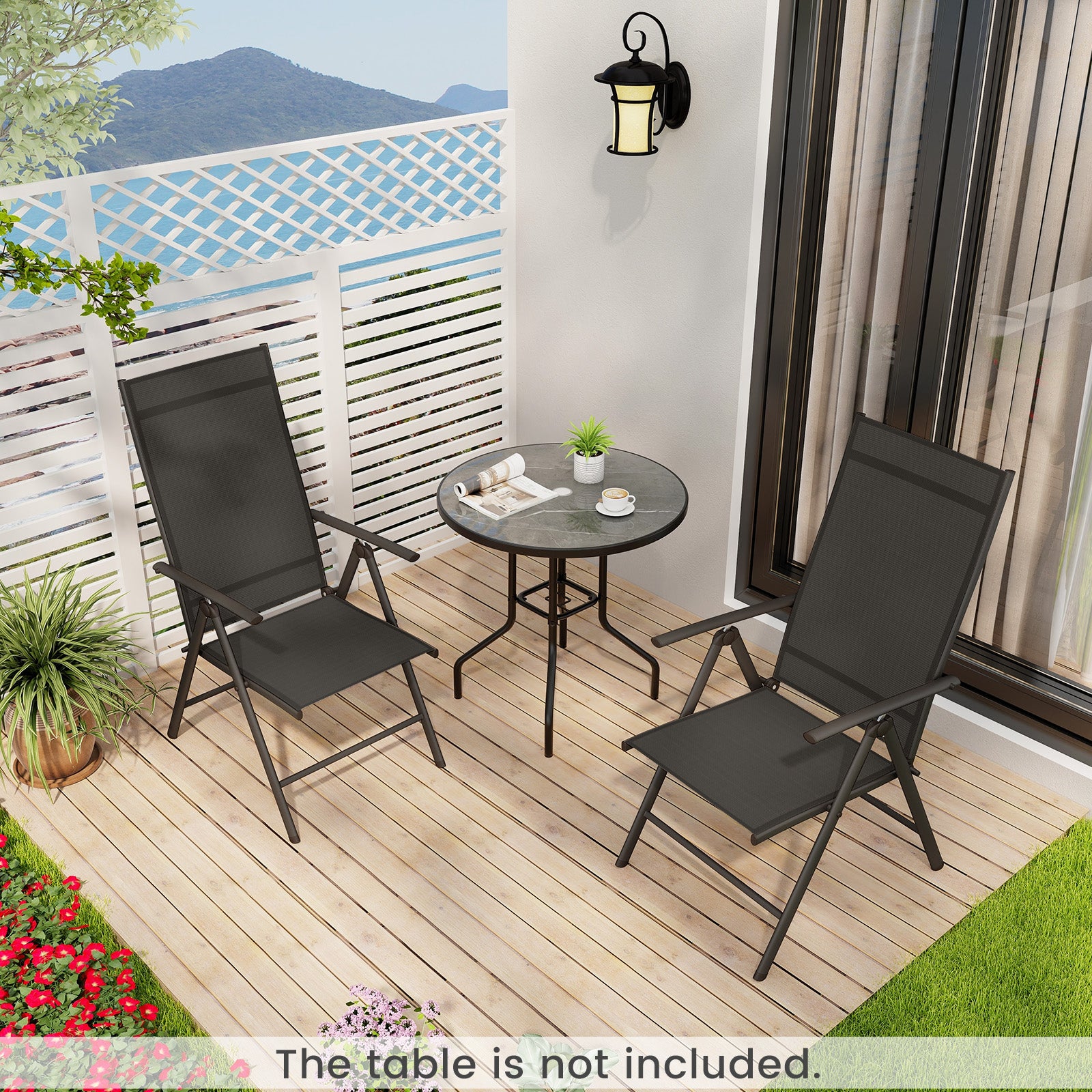 Patio Folding Dining Chairs Outdoor Sling Chairs with 7-Level Adjustable High Backrest-Black