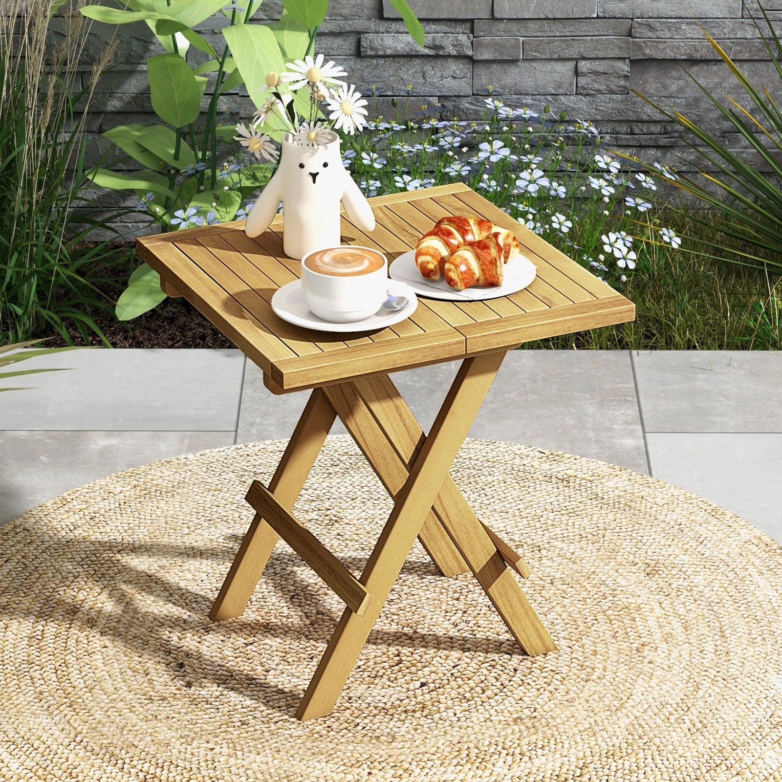 Patio Folding Teak Wood Square Coffee Table with X-shaped Legs