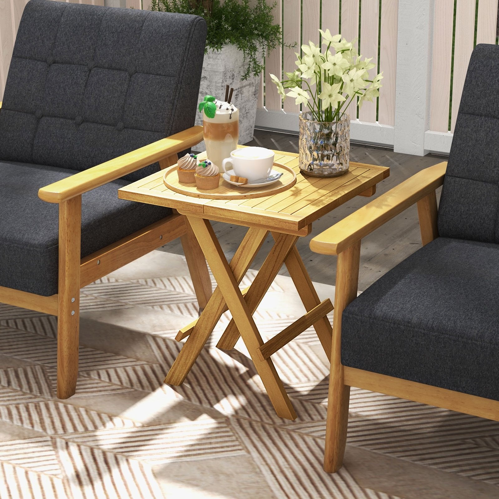 Patio Folding Teak Wood Square Coffee Table with X-shaped Legs