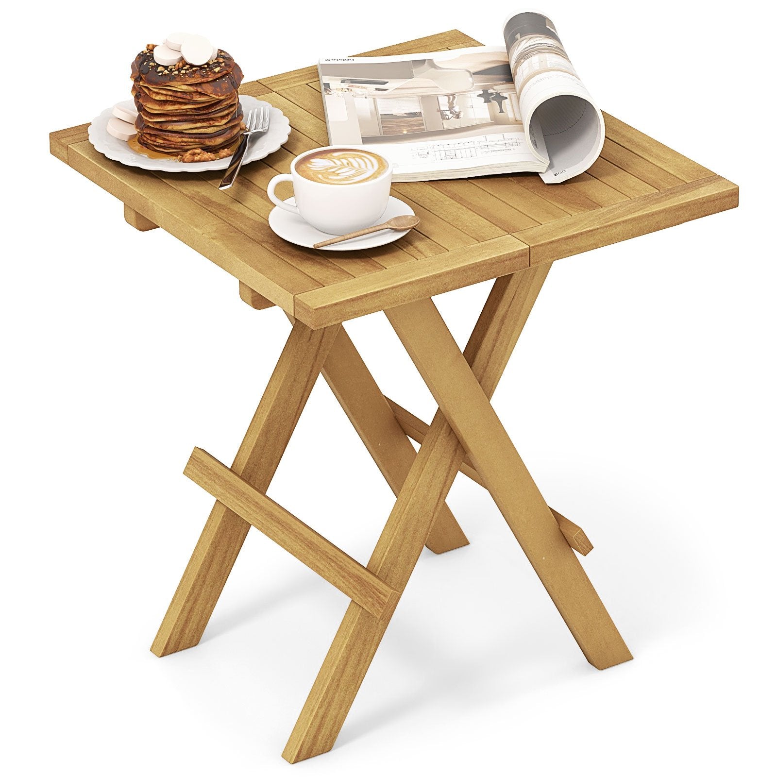 Patio Folding Teak Wood Square Coffee Table with X-shaped Legs