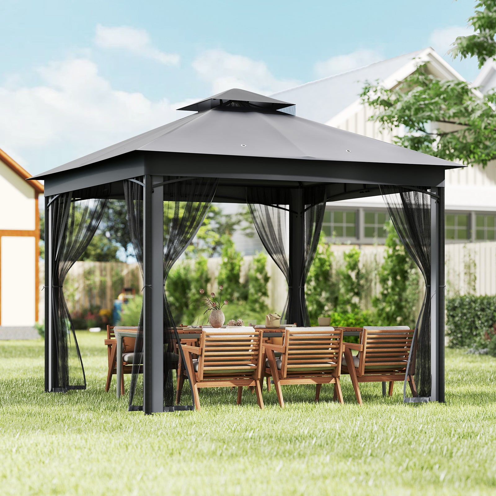 Patio Gazebo Outdoor Double-Roof Canopy Tent with Mesh Netting-Grey