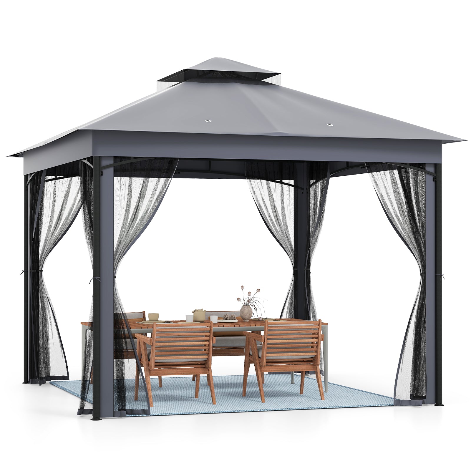 Patio Gazebo Outdoor Double-Roof Canopy Tent with Mesh Netting-Grey