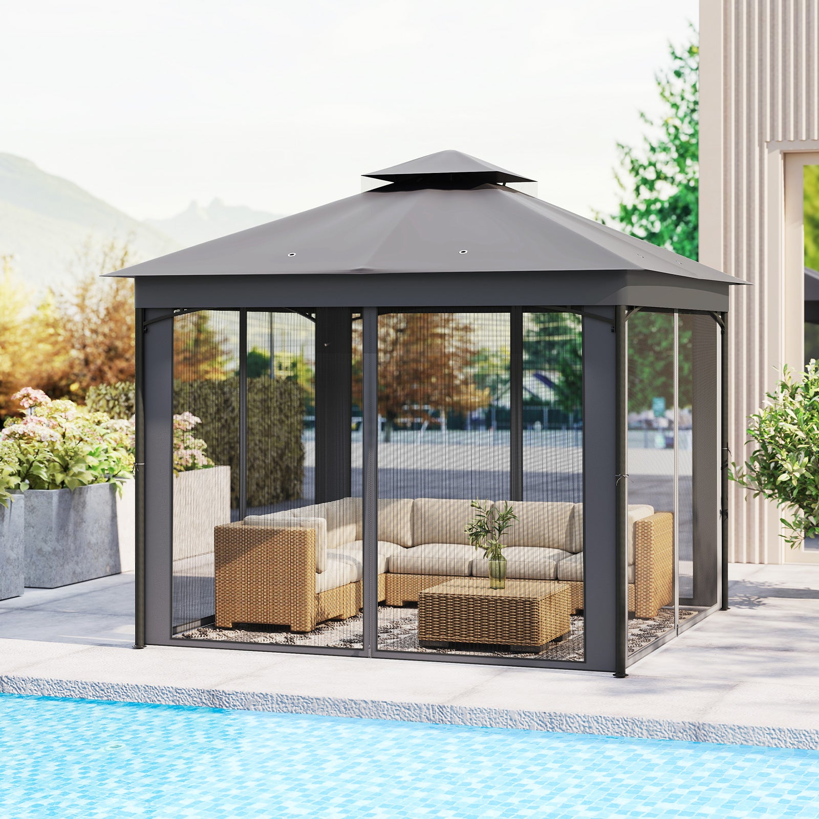 Patio Gazebo Outdoor Double-Roof Canopy Tent with Mesh Netting-Grey