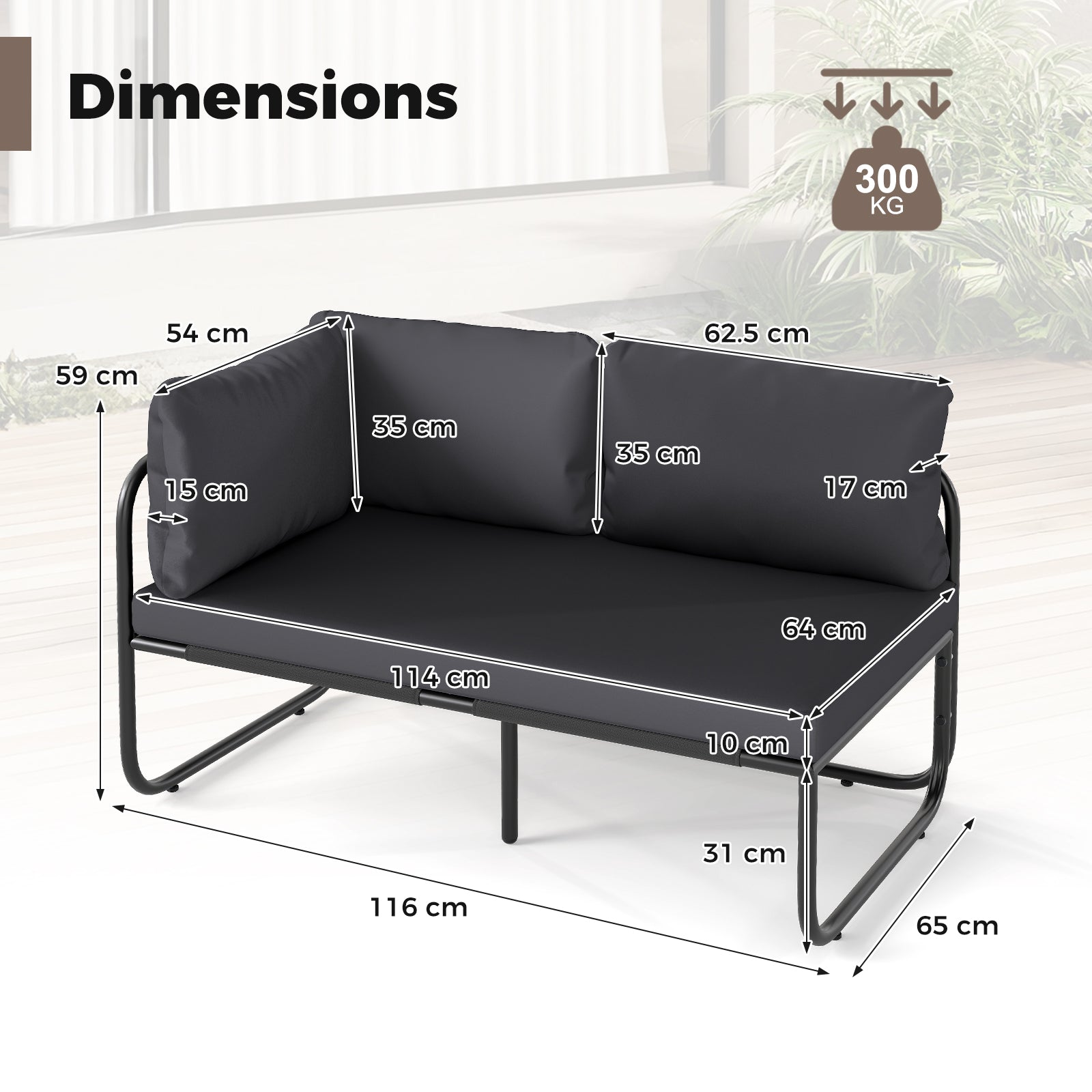 Patio Loveseat Sofa Couch with Removable Pillows and Seat Cushion-Grey