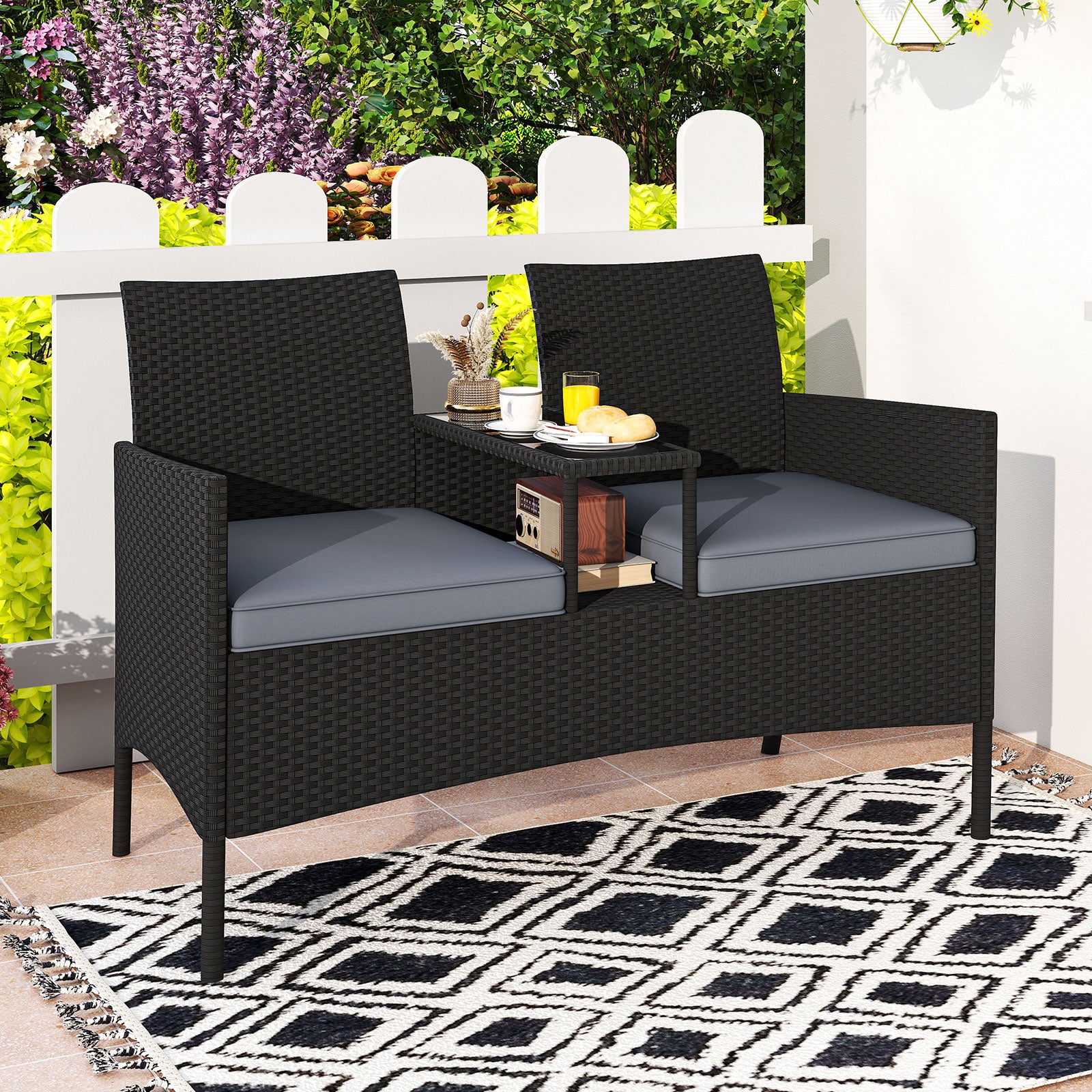 Patio Loveseat with Built-in Table with Soft Cushions and Tempered Glass Tabletop-Grey