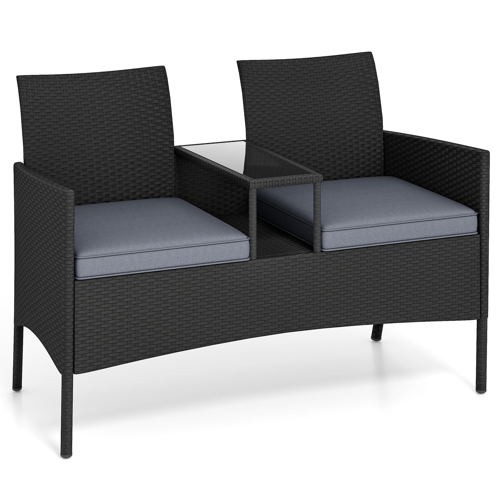 Patio Loveseat with Built-in Table with Soft Cushions and Tempered Glass Tabletop-Grey