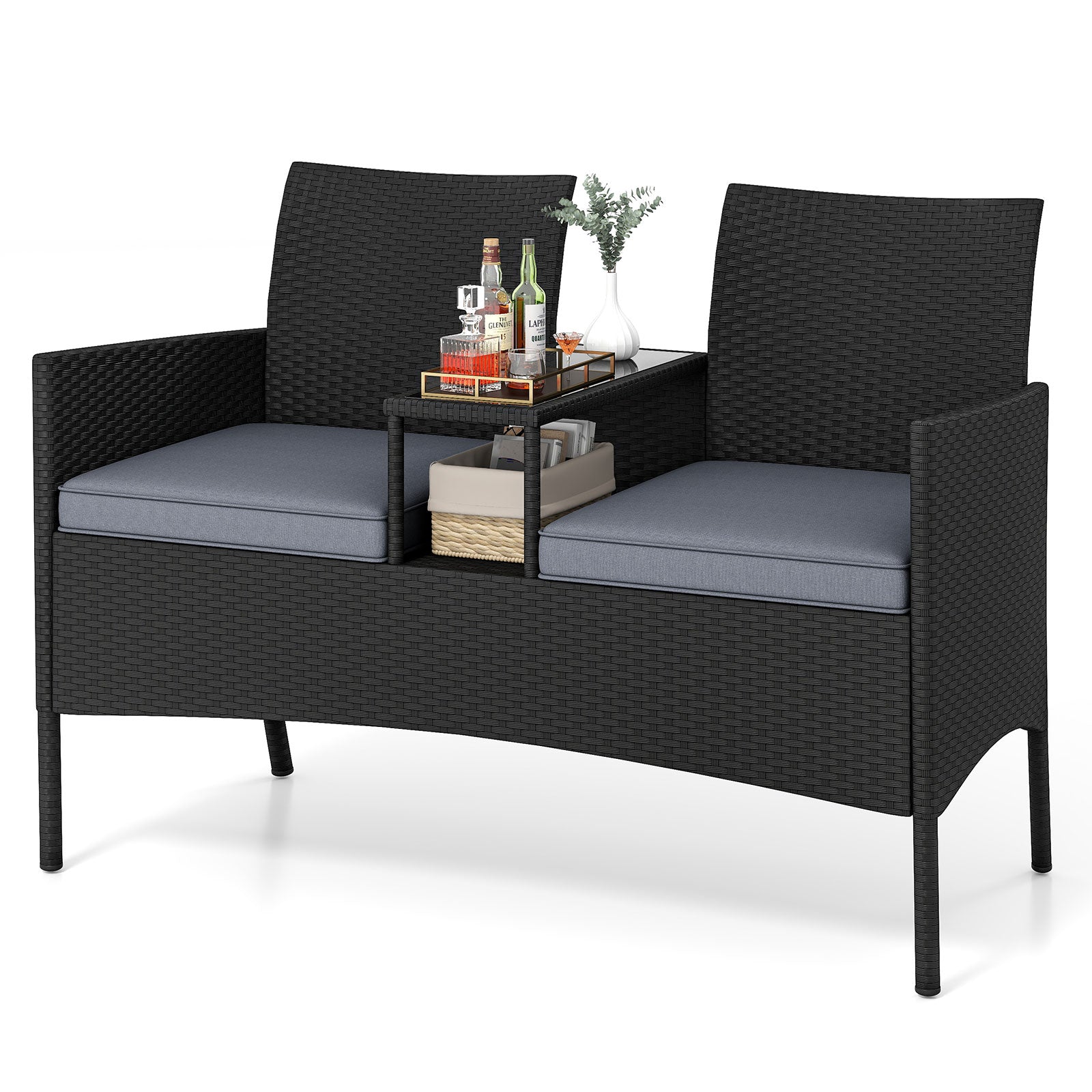 Patio Loveseat with Built-in Table with Soft Cushions and Tempered Glass Tabletop-Grey