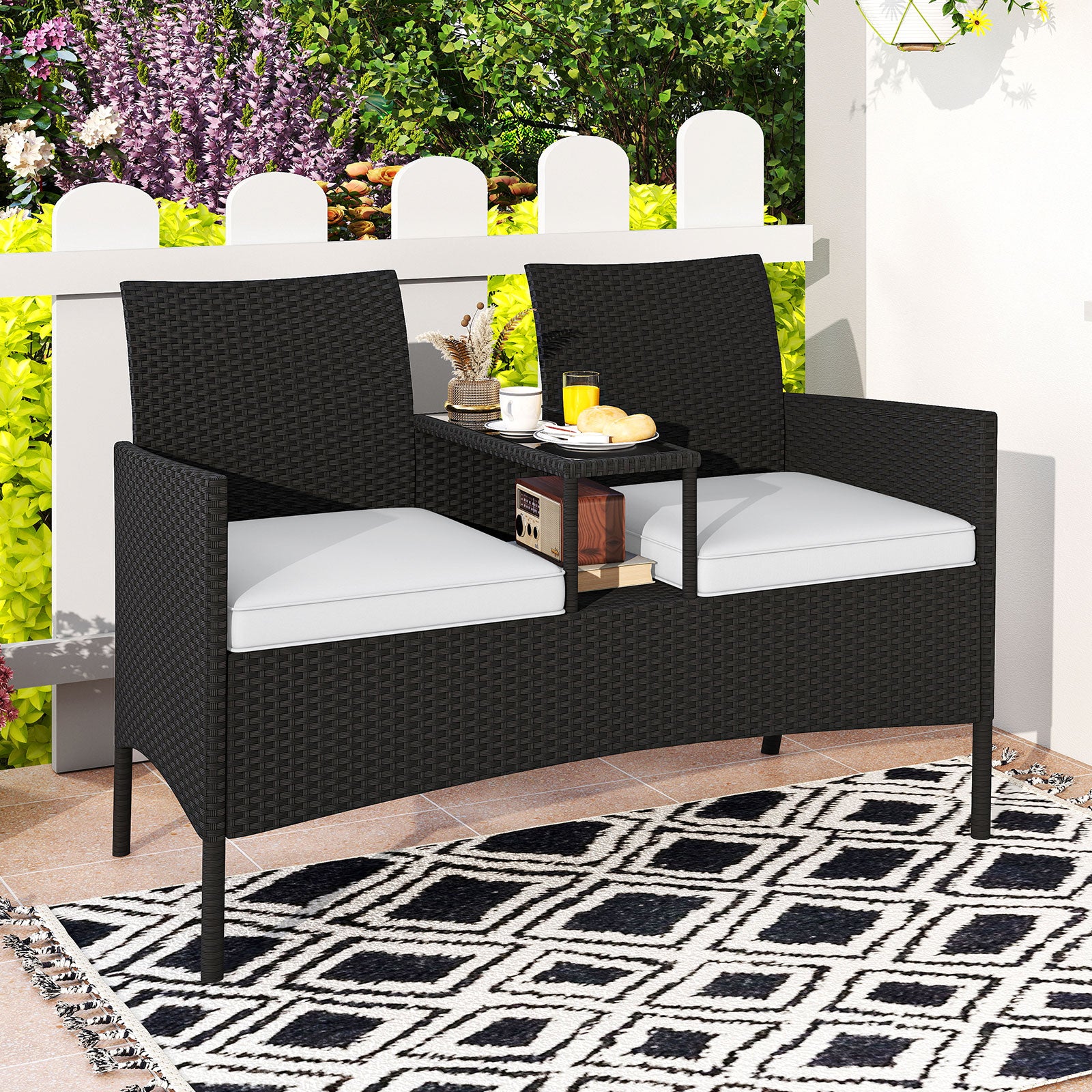 Patio Loveseat with Built-in Table with Soft Cushions and Tempered Glass Tabletop-White