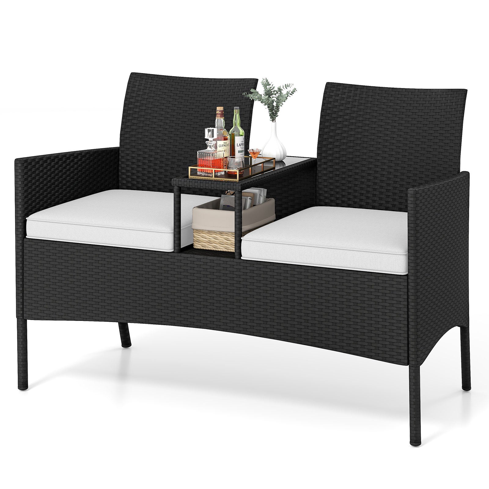 Patio Loveseat with Built-in Table with Soft Cushions and Tempered Glass Tabletop-White