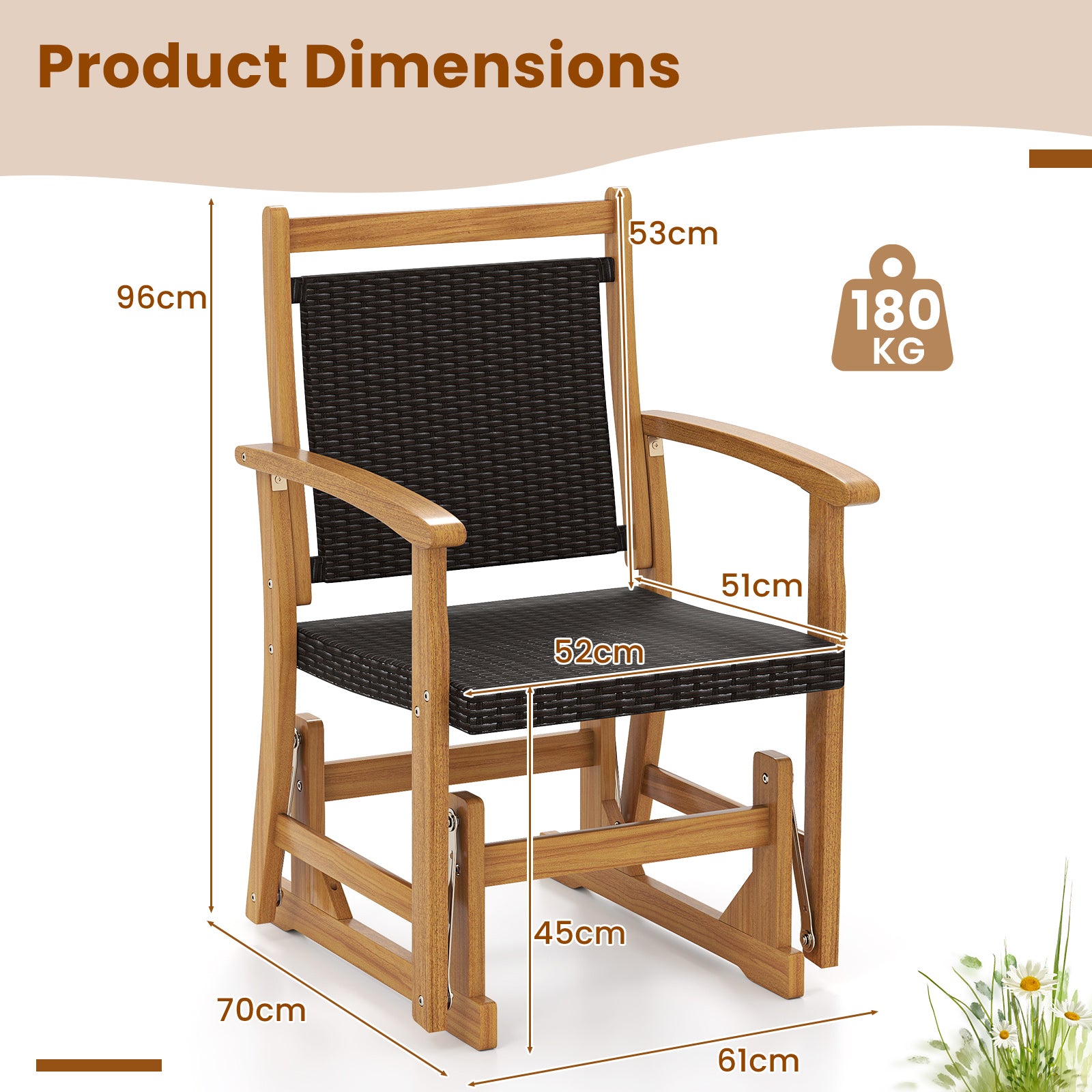 Patio Rattan Glider Chair Swing Gliding Rocker with Acacia Wood Frame