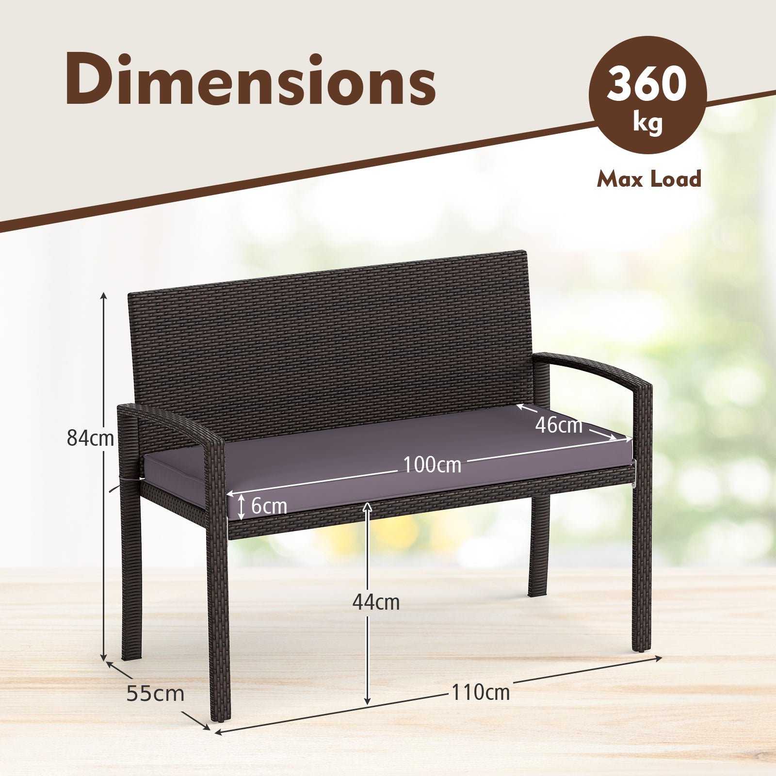 Patio Rattan Loveseat Wicker 2-Seat Bench with Soft Seat Cushion-Grey