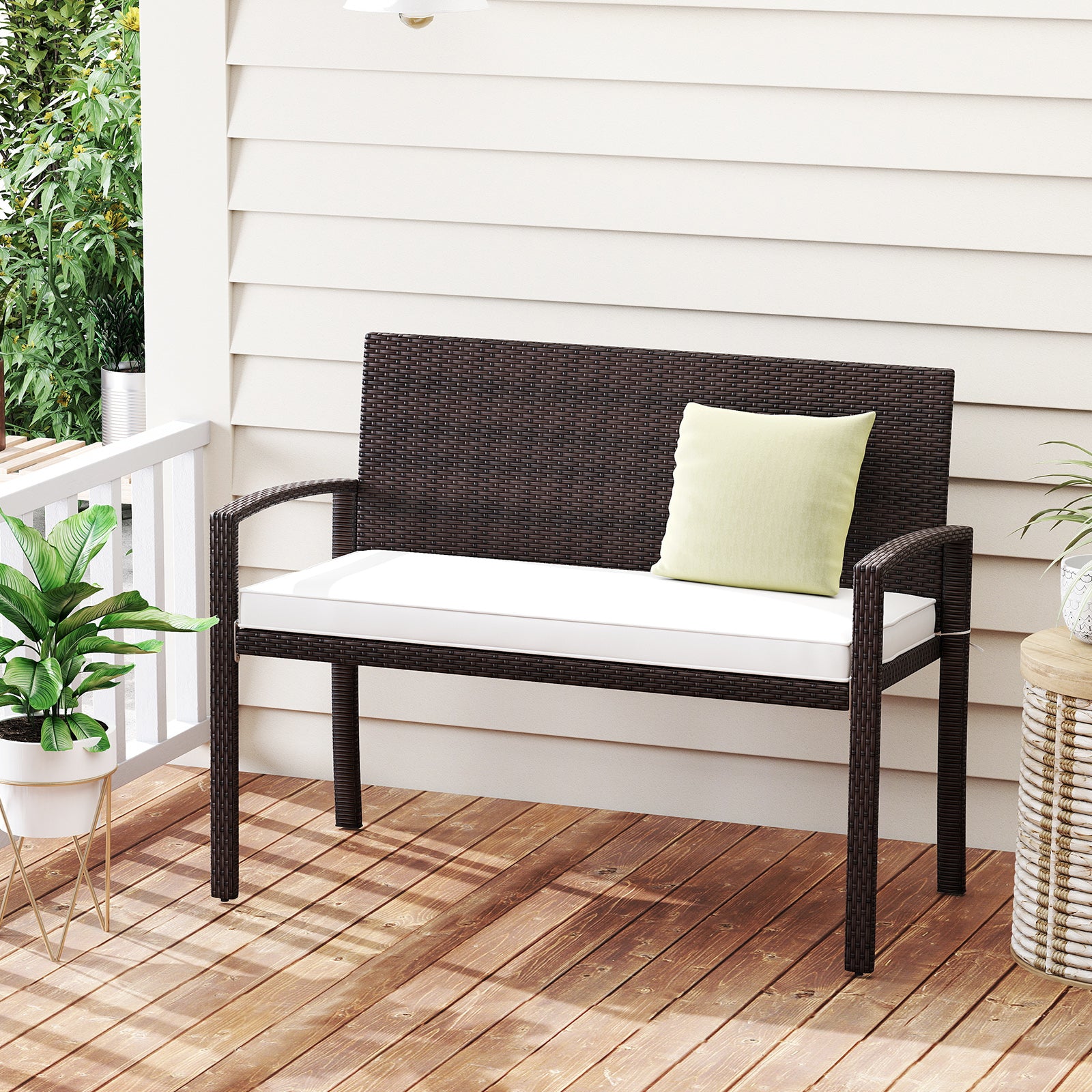 Patio Rattan Loveseat Wicker 2-Seat Bench with Soft Seat Cushion-White