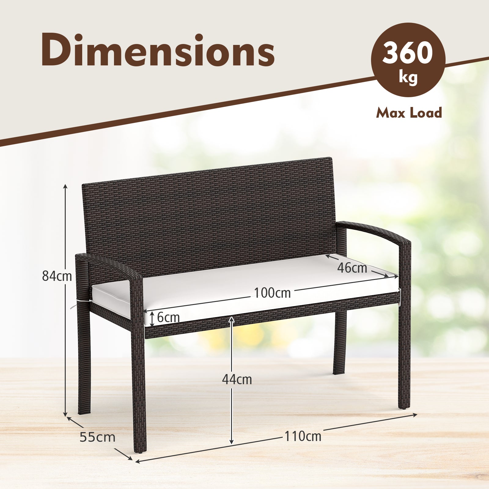 Patio Rattan Loveseat Wicker 2-Seat Bench with Soft Seat Cushion-White