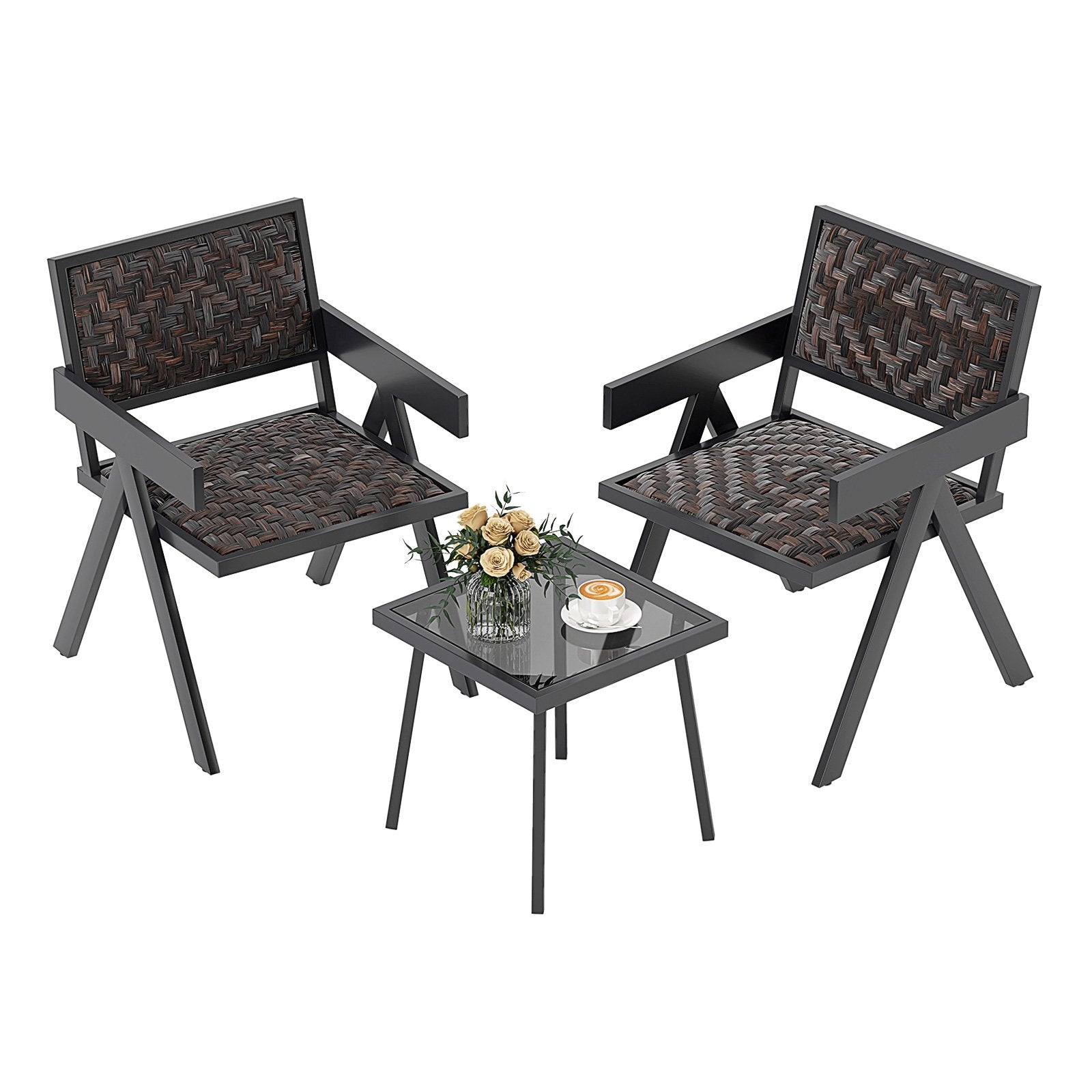 Patio Table and Chairs Set with Quick-Drying Foam for Porch and Balcony-Brown
