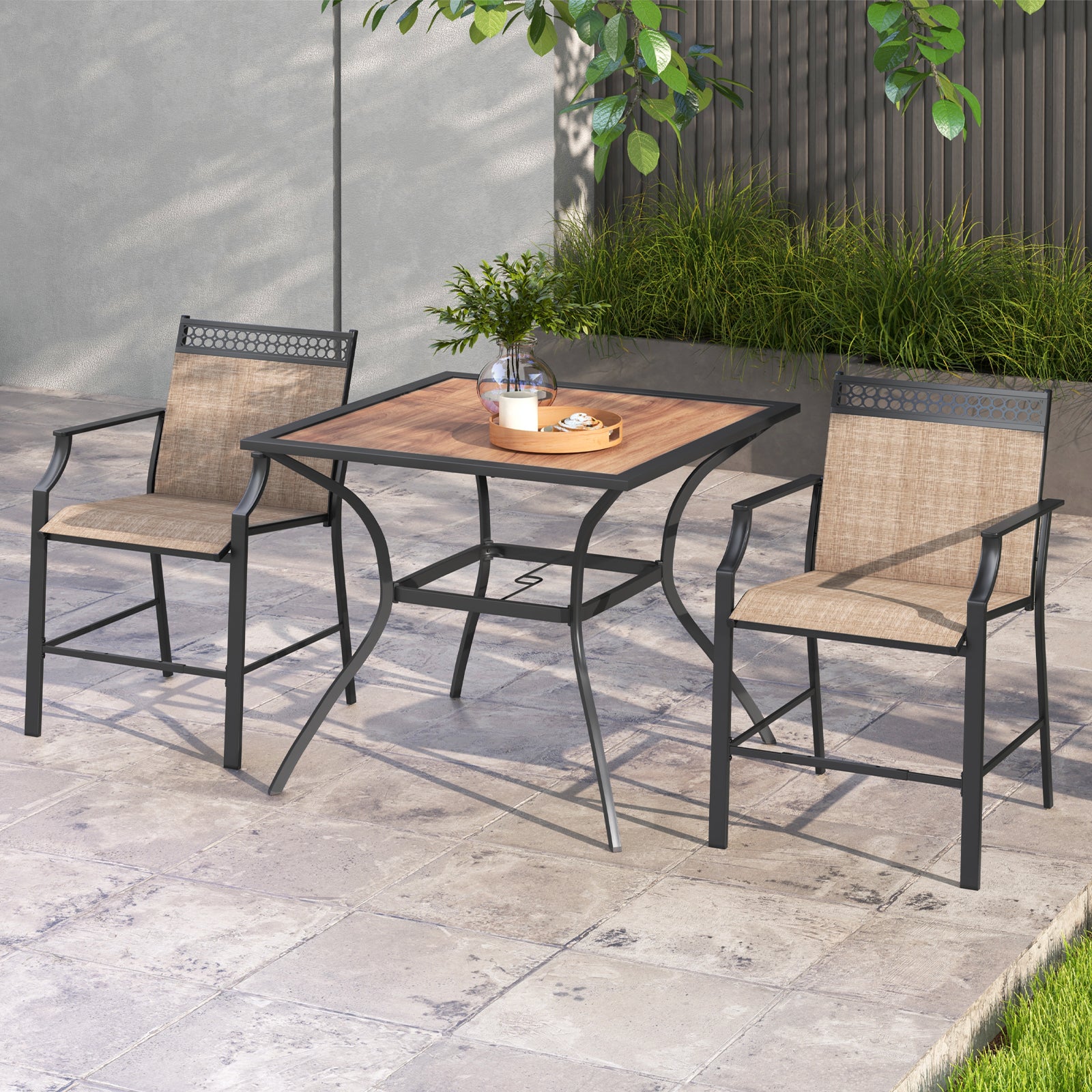 Patio Dining Table with Umbrella Hole adn Wood-Like Tabletop for 4 People