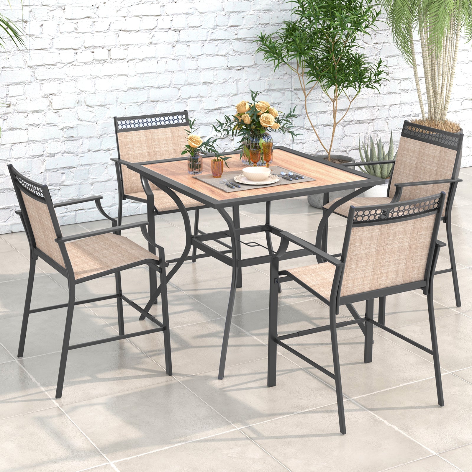 Patio Dining Table with Umbrella Hole adn Wood-Like Tabletop for 4 People