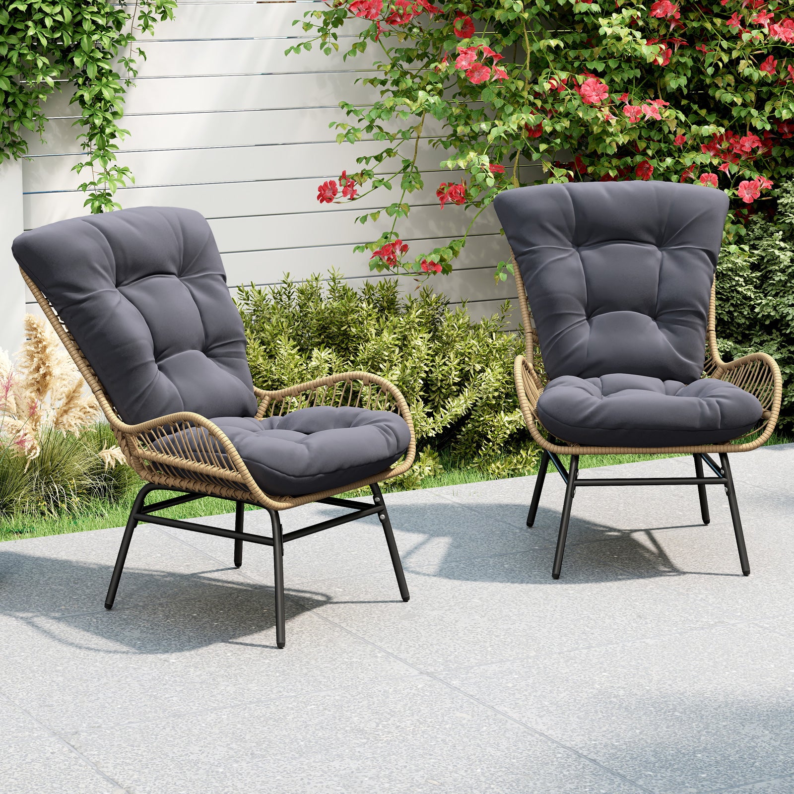 Patio Wicker Chair Outdoor Rattan Dining Chair with Soft Cushion-Grey