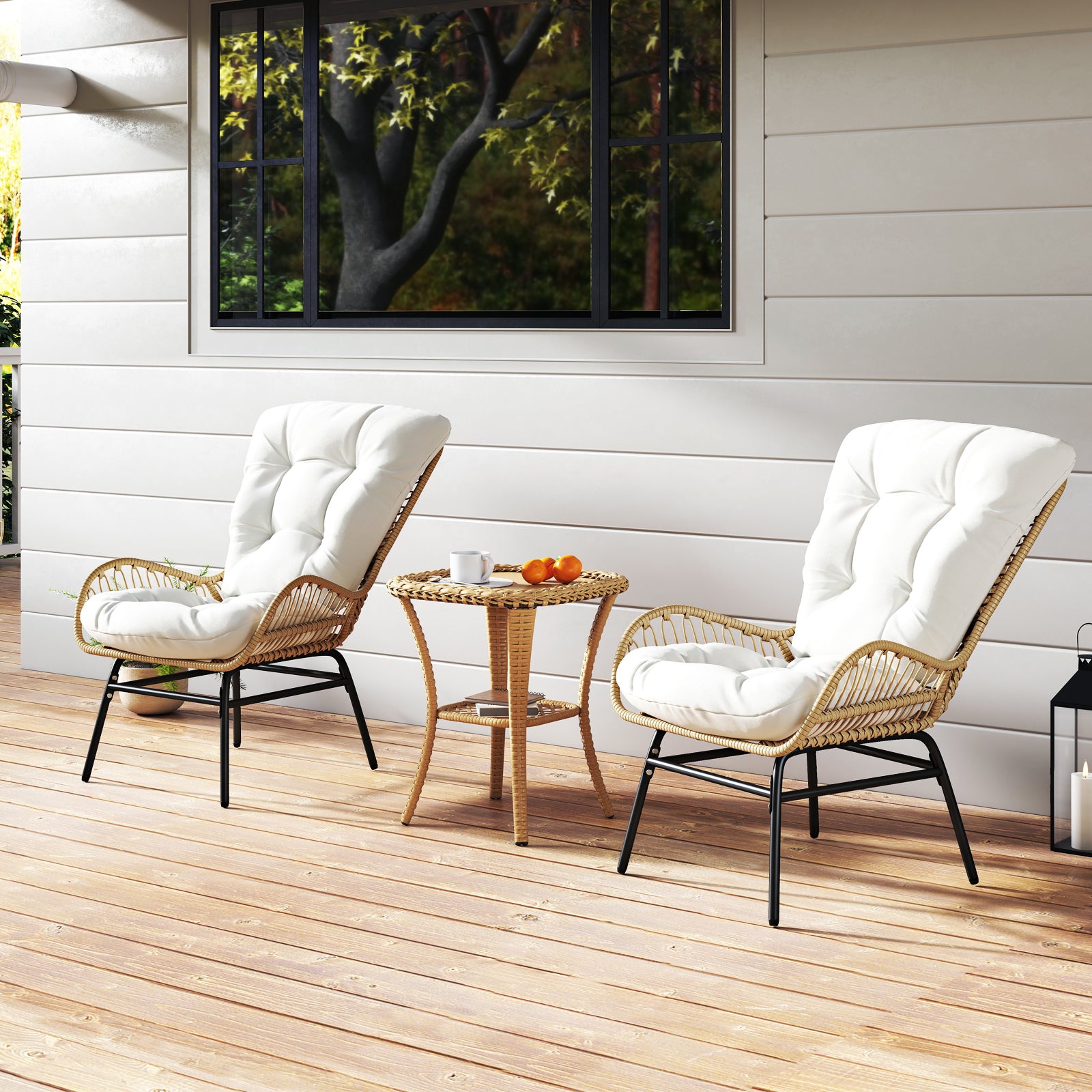 Patio Wicker Chair Outdoor Rattan Dining Chair with Soft Cushion-Off White