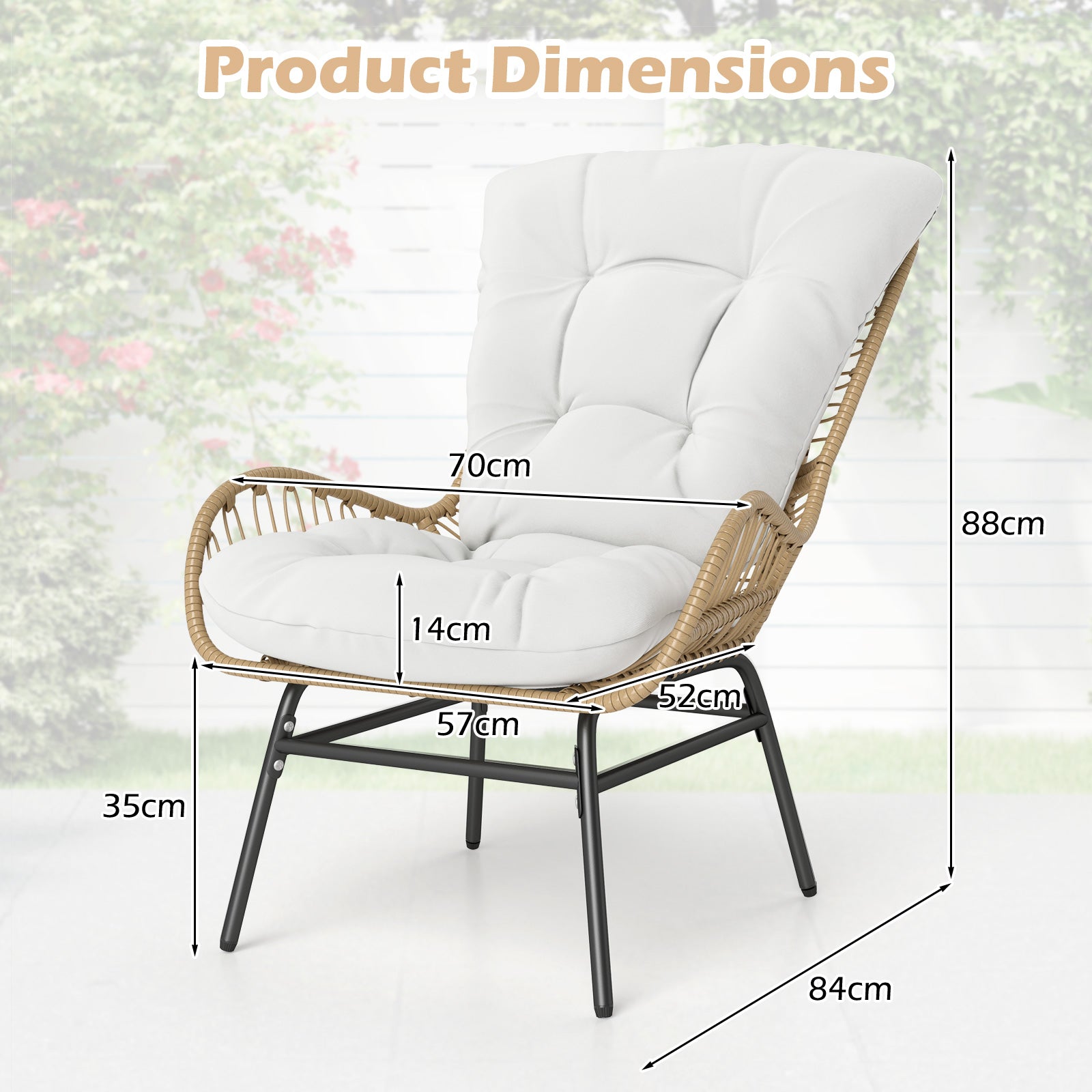 Patio Wicker Chair Outdoor Rattan Dining Chair with Soft Cushion-Off White