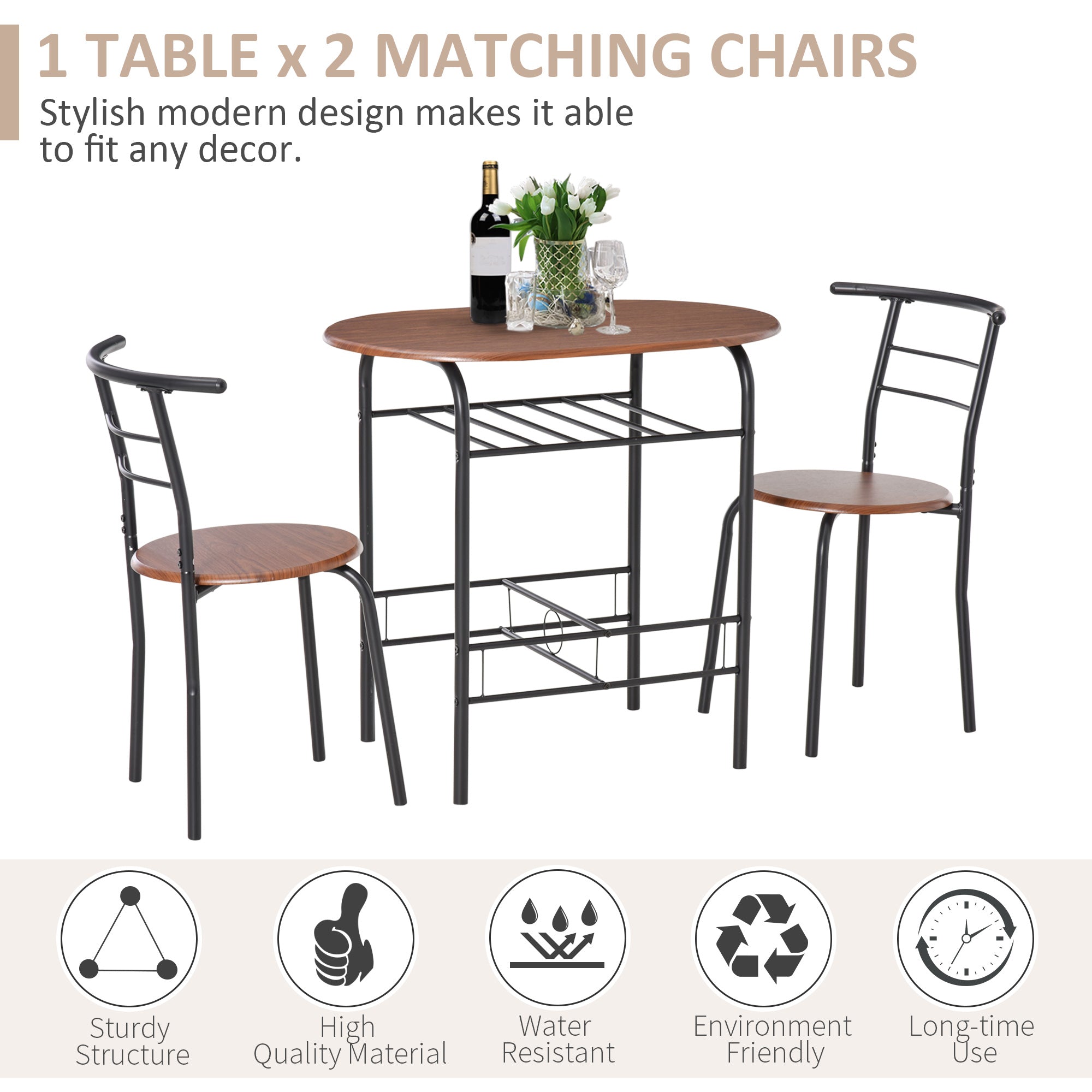 HOMCOM 3-Piece Dining Table Set , Metal Frame Wood Top Breakfast Bar Table Set for 2, Dining Table w/Storage Shelf & 2 chairs