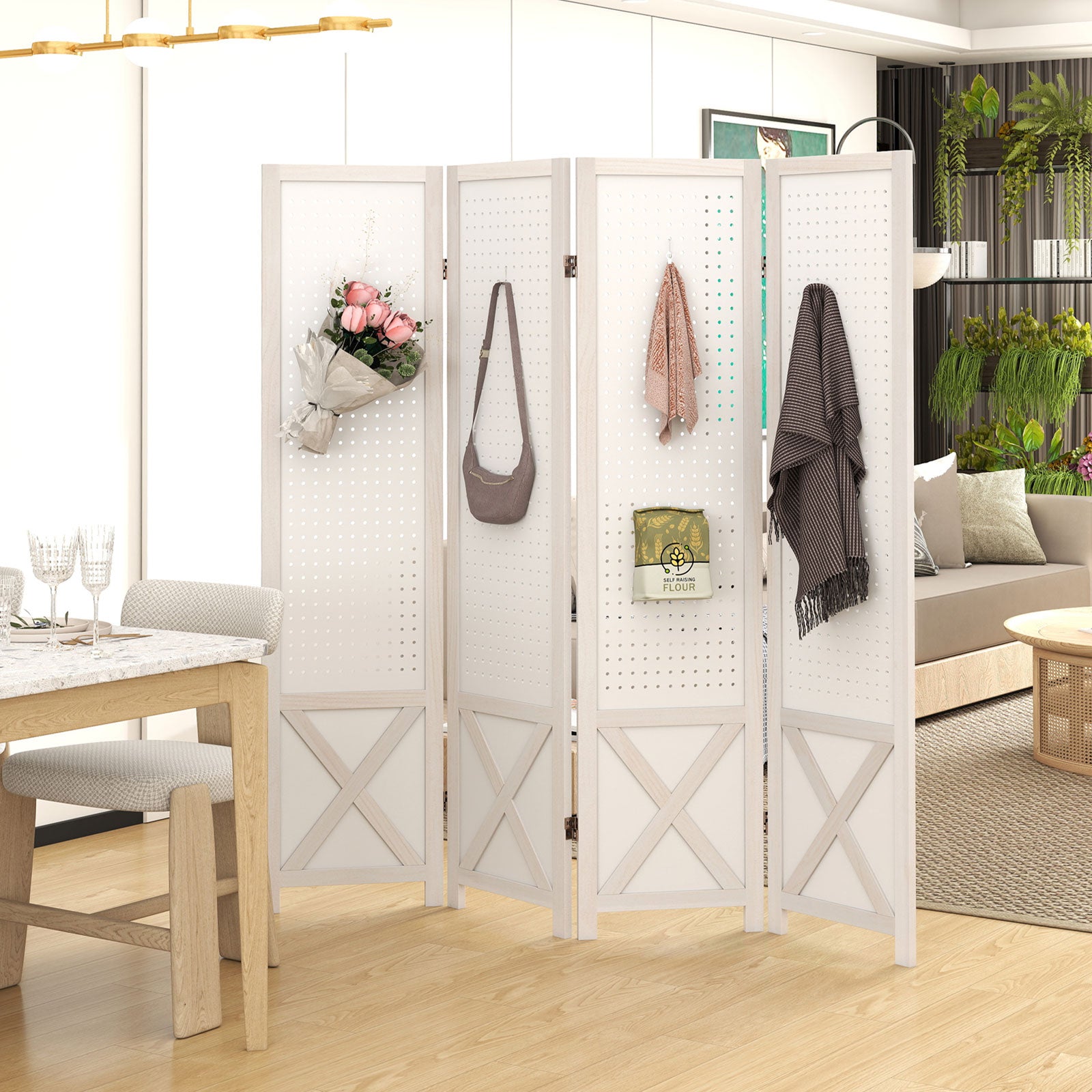 4-Panel Pegboard Room Divider with Solid Wood Frame and Metal Hinges