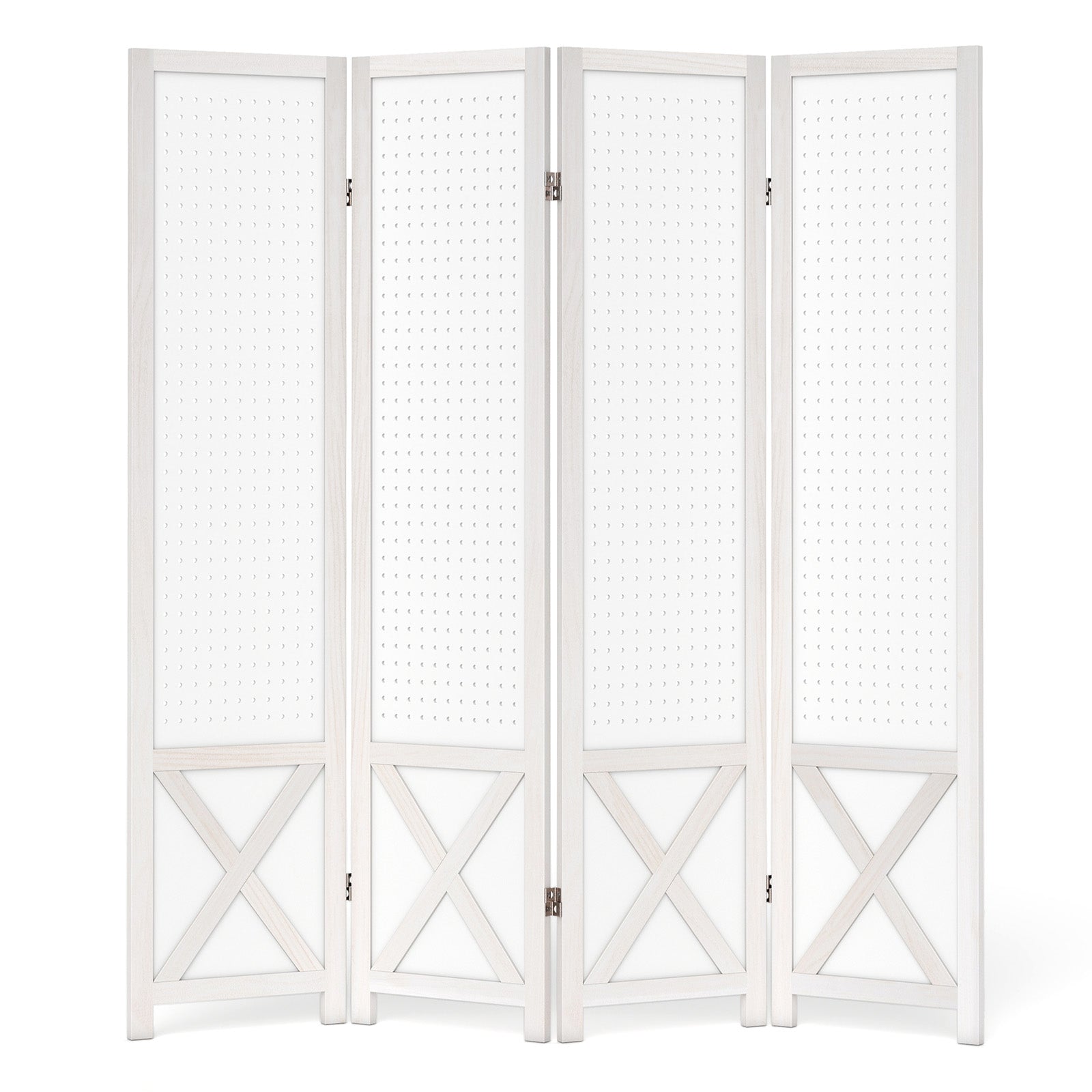 4-Panel Pegboard Room Divider with Solid Wood Frame and Metal Hinges