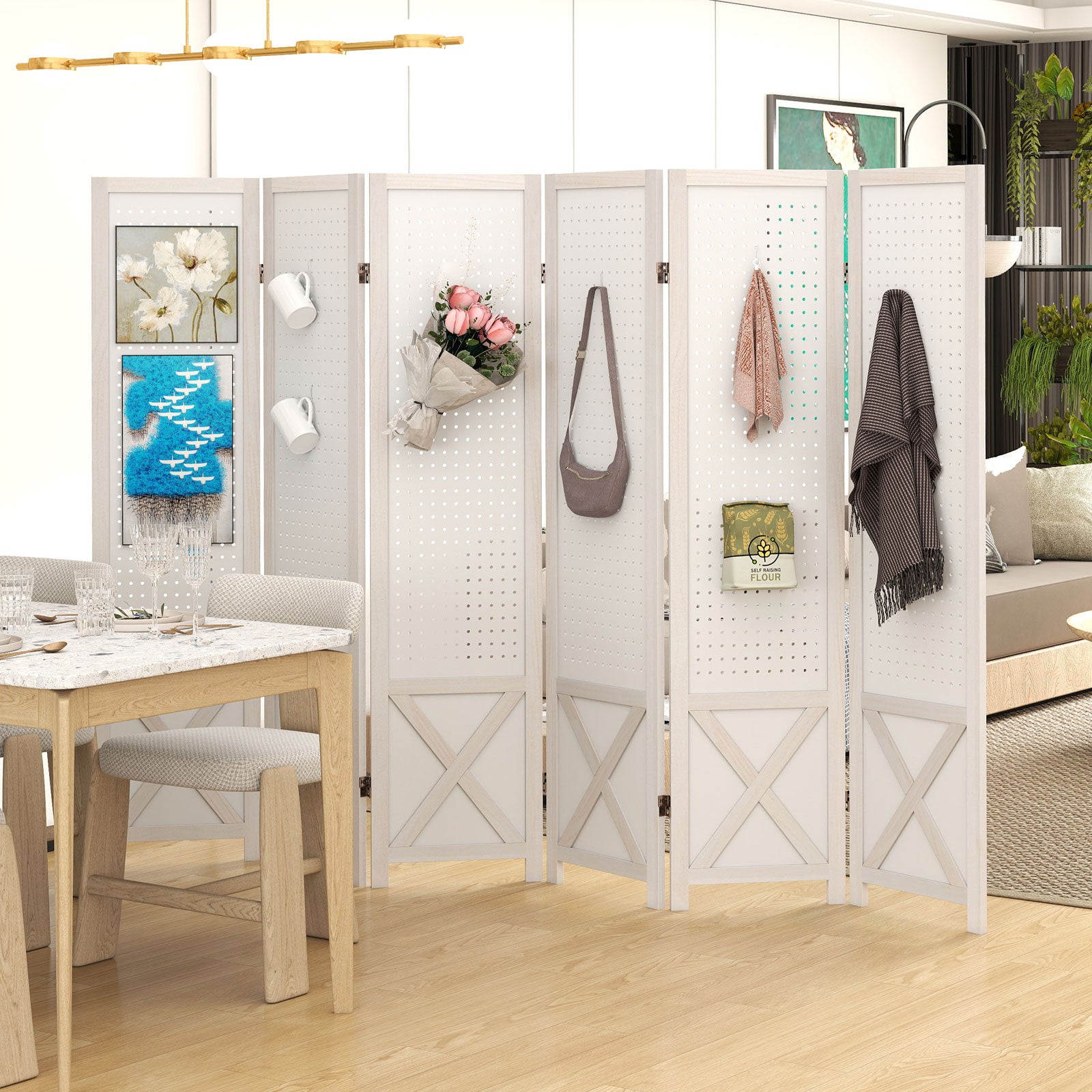 6-Panel Pegboard Room Divider with Solid Wood Frame and Metal Hinges