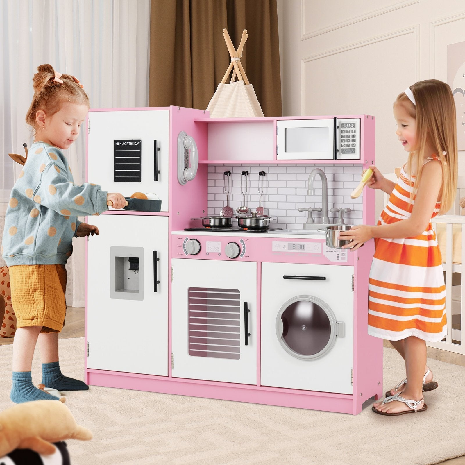 Play Kitchen Toy Set with Oven and Washing Machine for Aged 3+ Years Old-Pink