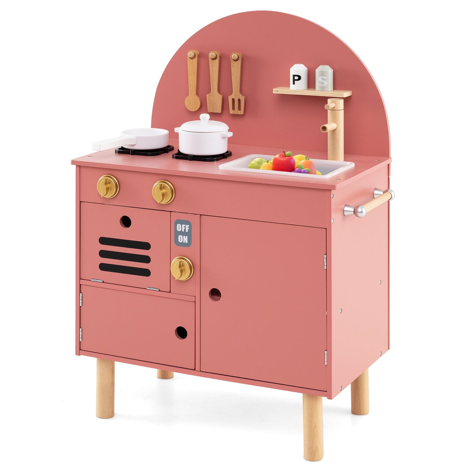 Play Kitchen for Kids Wooden Kitchen Playset with Stoves Faucet-Pink