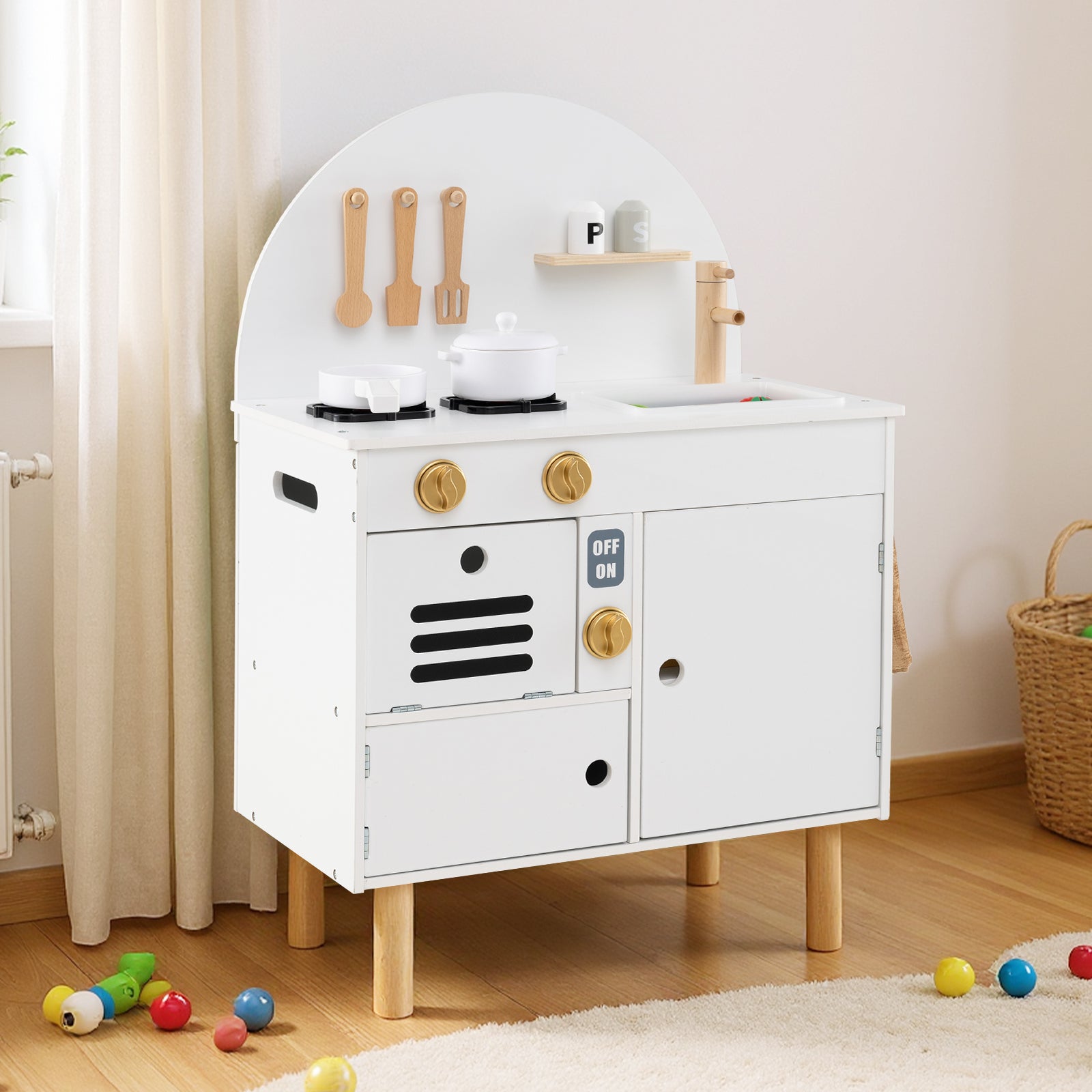 Play Kitchen for Kids Wooden Kitchen Playset with Stoves Faucet-White