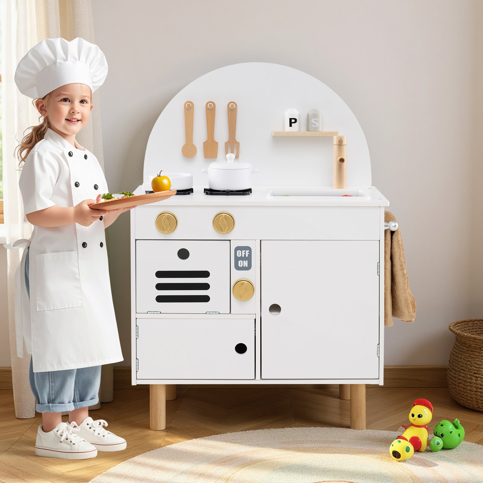 Play Kitchen for Kids Wooden Kitchen Playset with Stoves Faucet-White