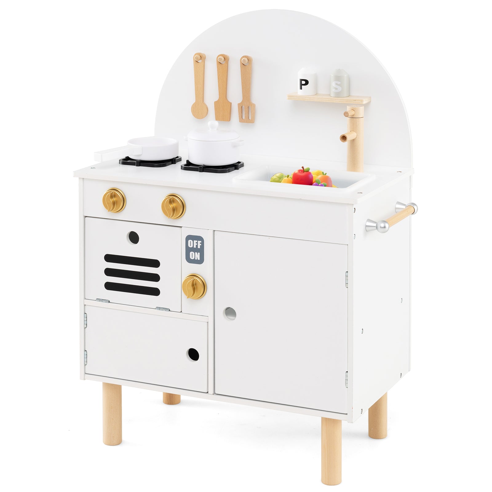 Play Kitchen for Kids Wooden Kitchen Playset with Stoves Faucet-White
