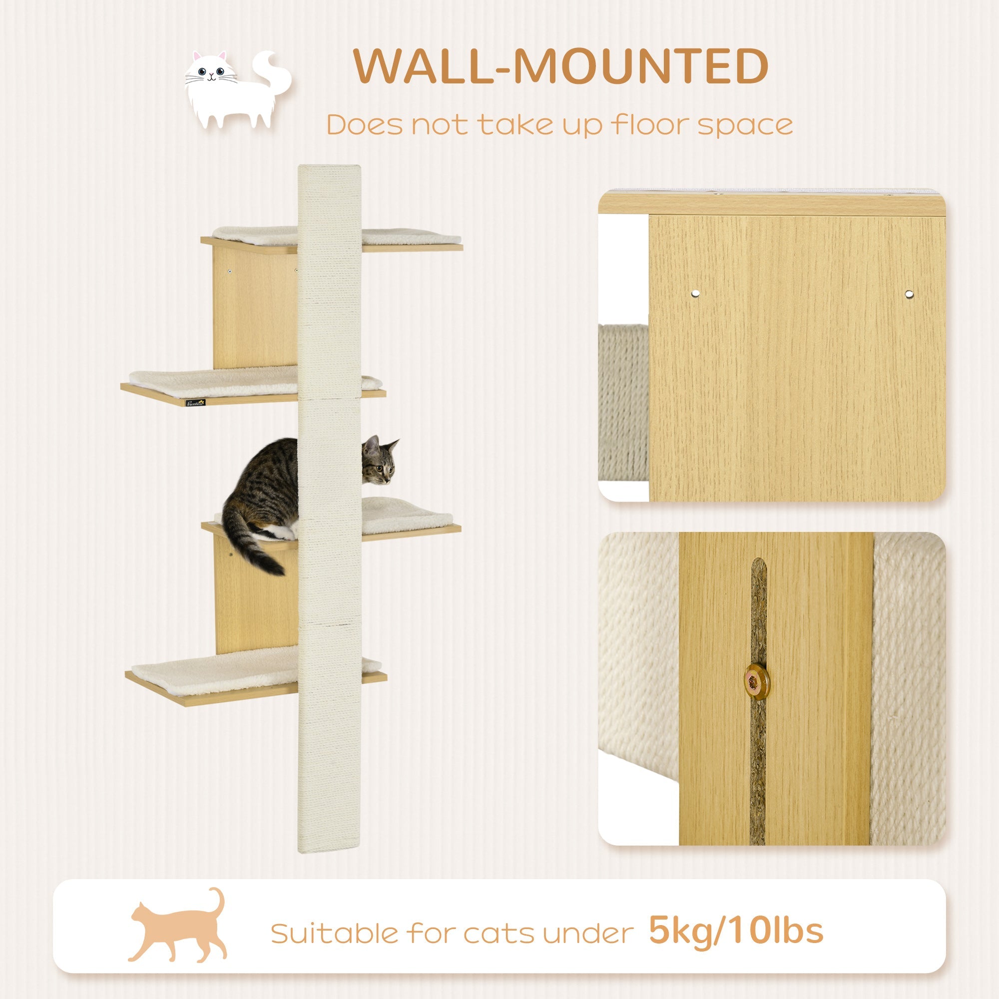 PawHut Four-Layer Wall-Mounted Shelf, with Cushions, Scratching Board - Oak Tone