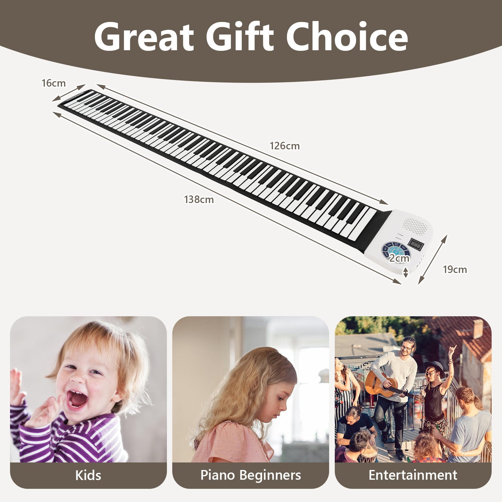 Portable 88-Key Roll Up Electronic Piano for Kids and Beginners-White