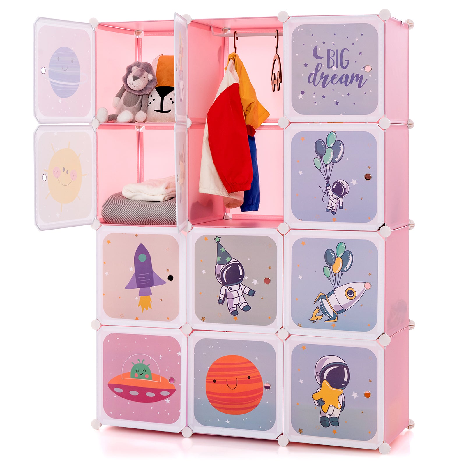 Portable Children Wardrobe with 12 Cubes and 2 Clothes Hanging Section-Pink