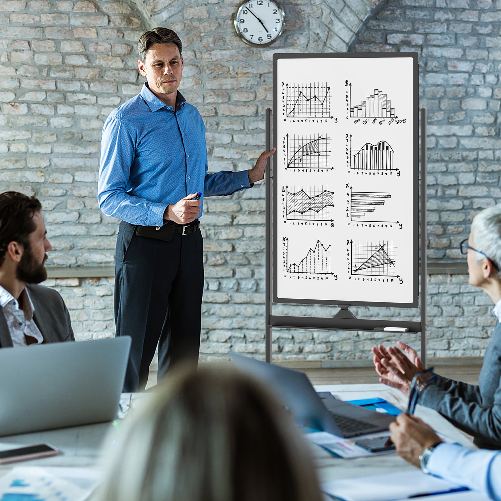 Reversible Rolling White Board with Black Markers and Board Eraser-Black-M