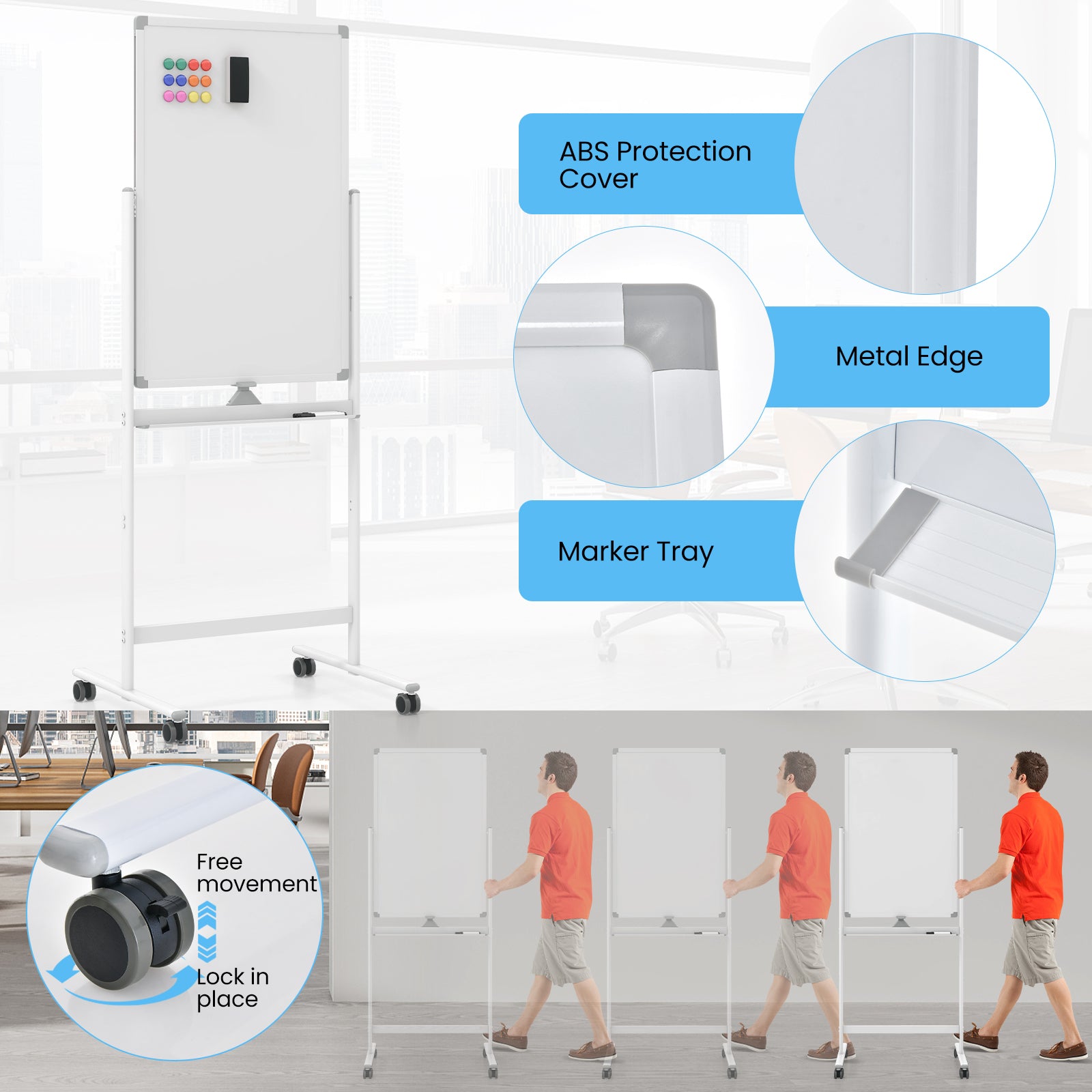 Reversible Rolling White Board with Black Markers and Board Eraser-White-S