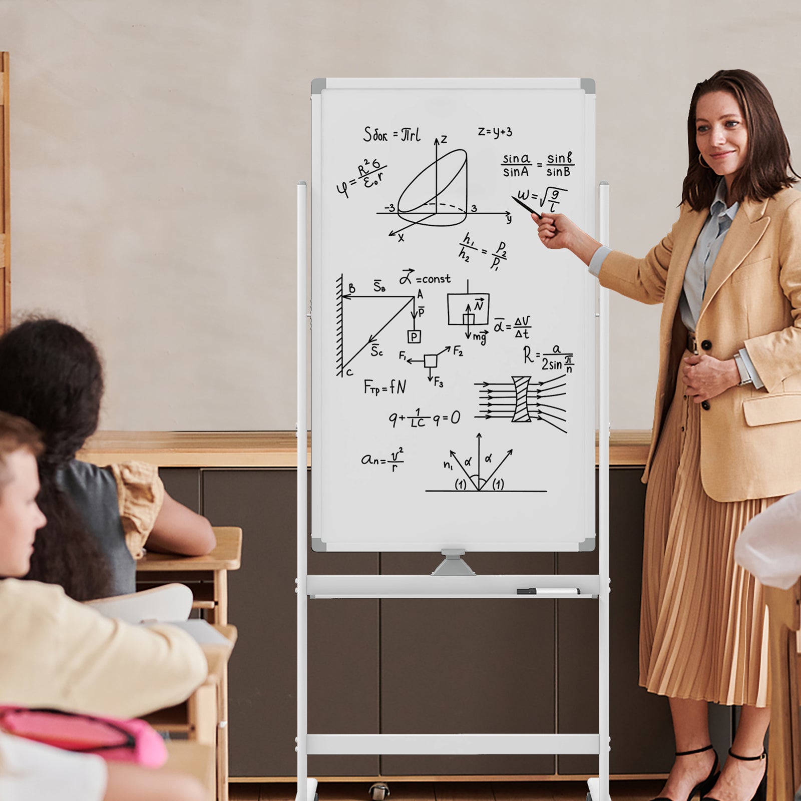 Reversible Rolling White Board with Black Markers and Board Eraser-White-M