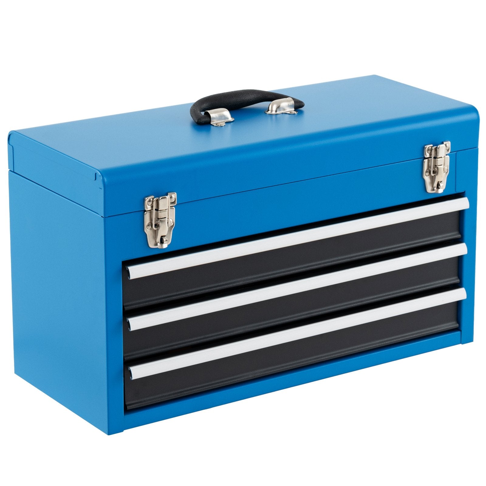 Portable Steel Tool Box with Top Storage Tray and Double Latch System-Blue
