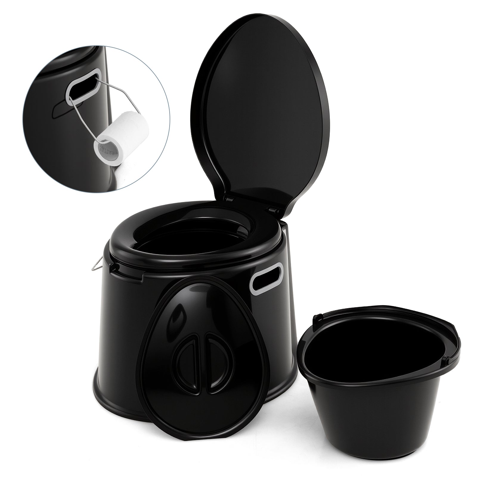 Portable Travel Toilet with Detachable Inner Bucket and Removable Toilet Paper Holder-Black