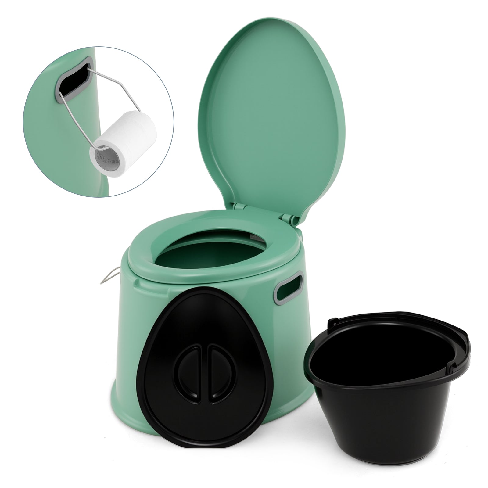 Portable Travel Toilet with Detachable Inner Bucket and Removable Toilet Paper Holder-Green